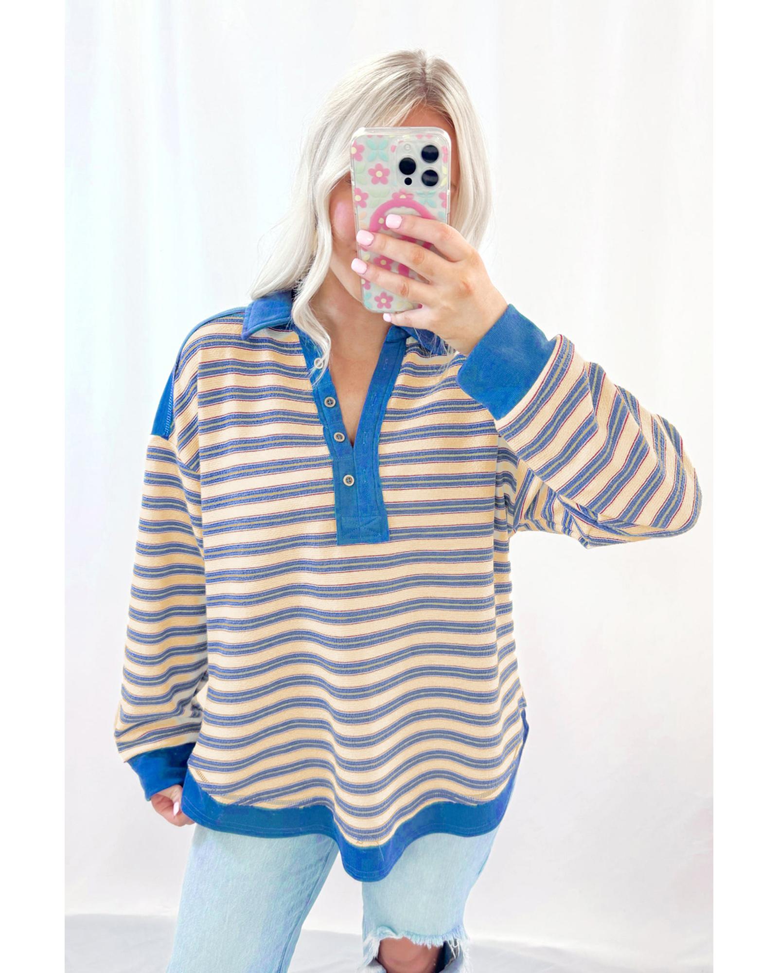 V539-AZEXDC25129317-P519-2XL-202508270625-00 Blue Stripe Buttoned V Neck Collared Drop Shoulder Top - 2XL - Image 1