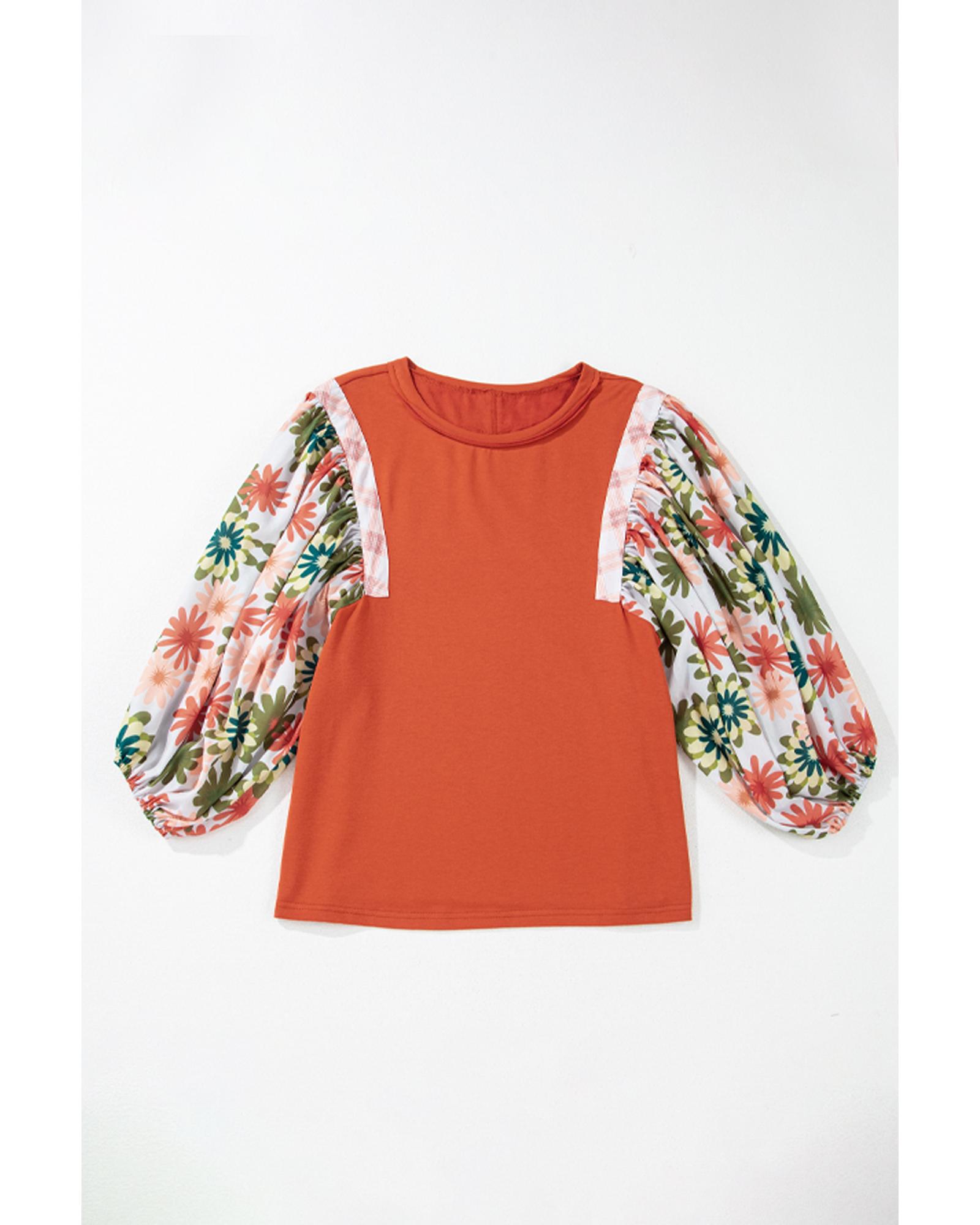 V539-AZEXDC25129363-P8014-L-202508270900-00 Desert Gold Floral Puff Sleeve Patchwork Round Neck Blouse - L - Image 1