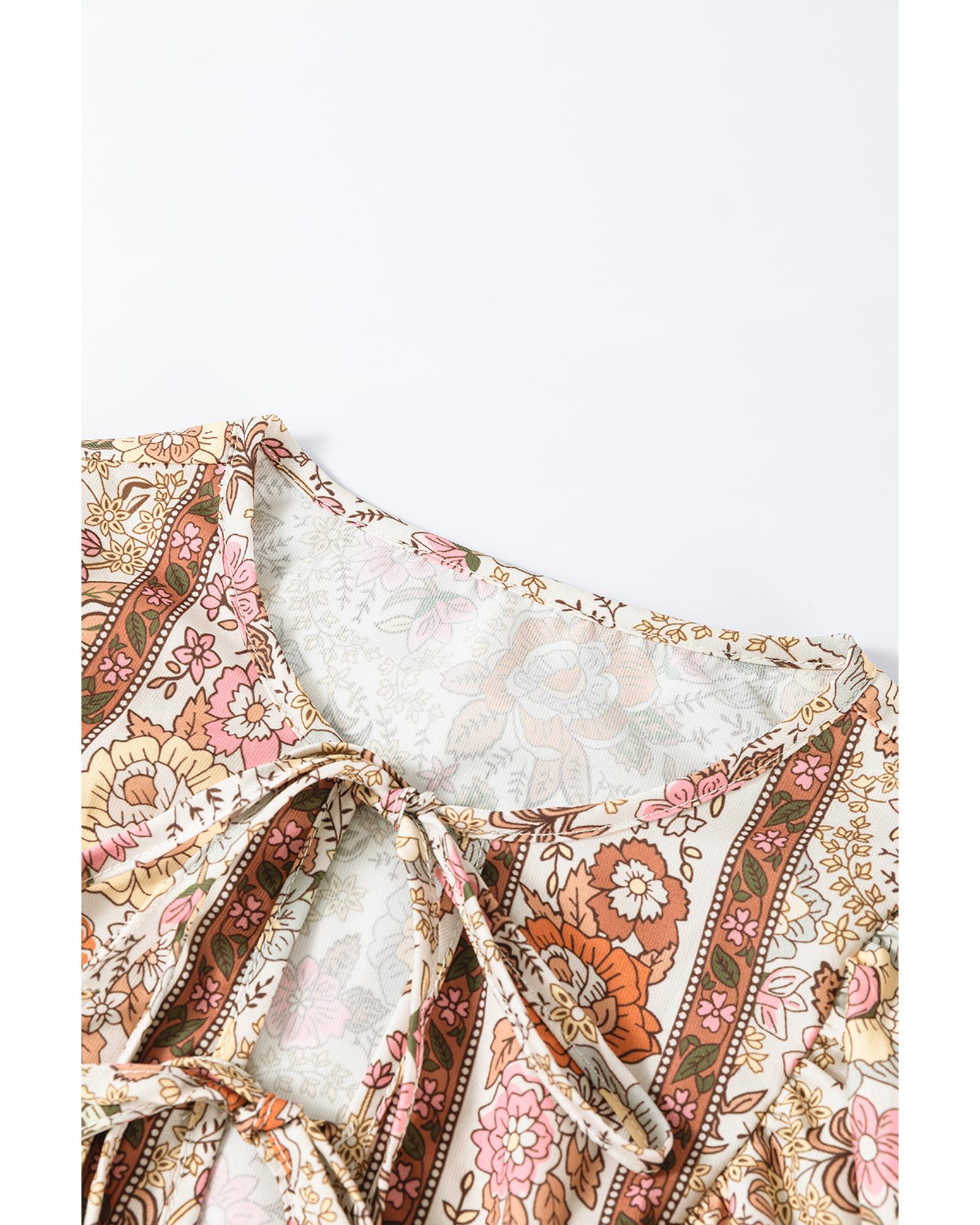 V539-AZEXDC25129400-P720-XL-202508270320-00 Yellow Floral Print Tie Neck Lantern Sleeve Blouse - XL - Image 1