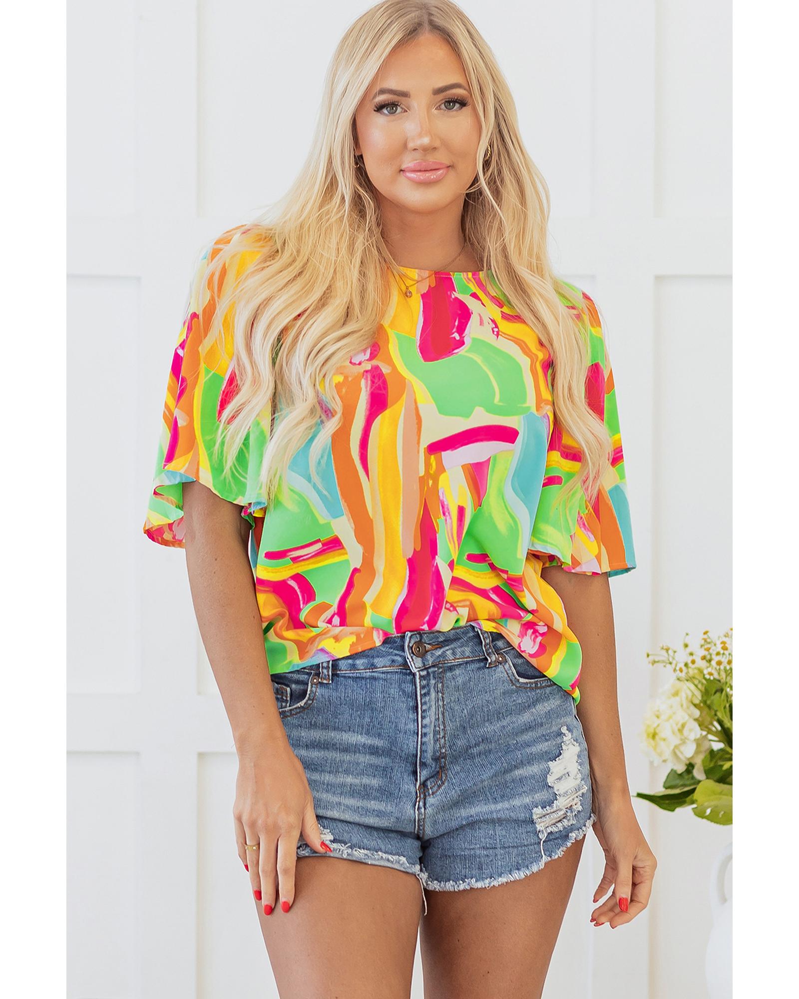 V539-AZEXDC25129426-P22-L-202508271630-00 Multicolour Abstract Print Keyhole Back Pleated Half Sleeve Blouse - L - Image 1