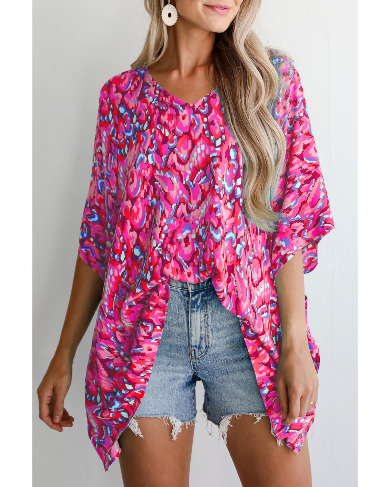 V539-AZEXDC25129427-P1020-S-202506120325-00 Pink Abstract Print V Neck Half Sleeve Loose Fit Tunic Blouse - S - Image 1