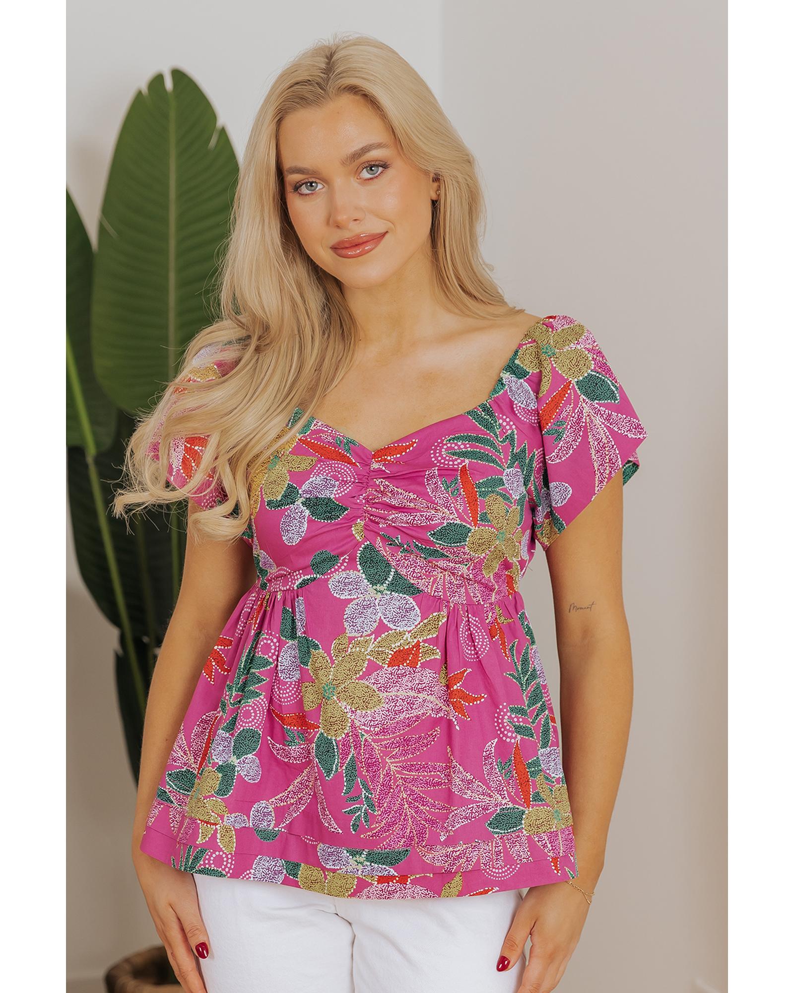 V539-AZEXDC25129429-P820-L-202508271305-00 Purple Floral Print Sweetheart Neck Flutter Sleeve Blouse - L - Image 1