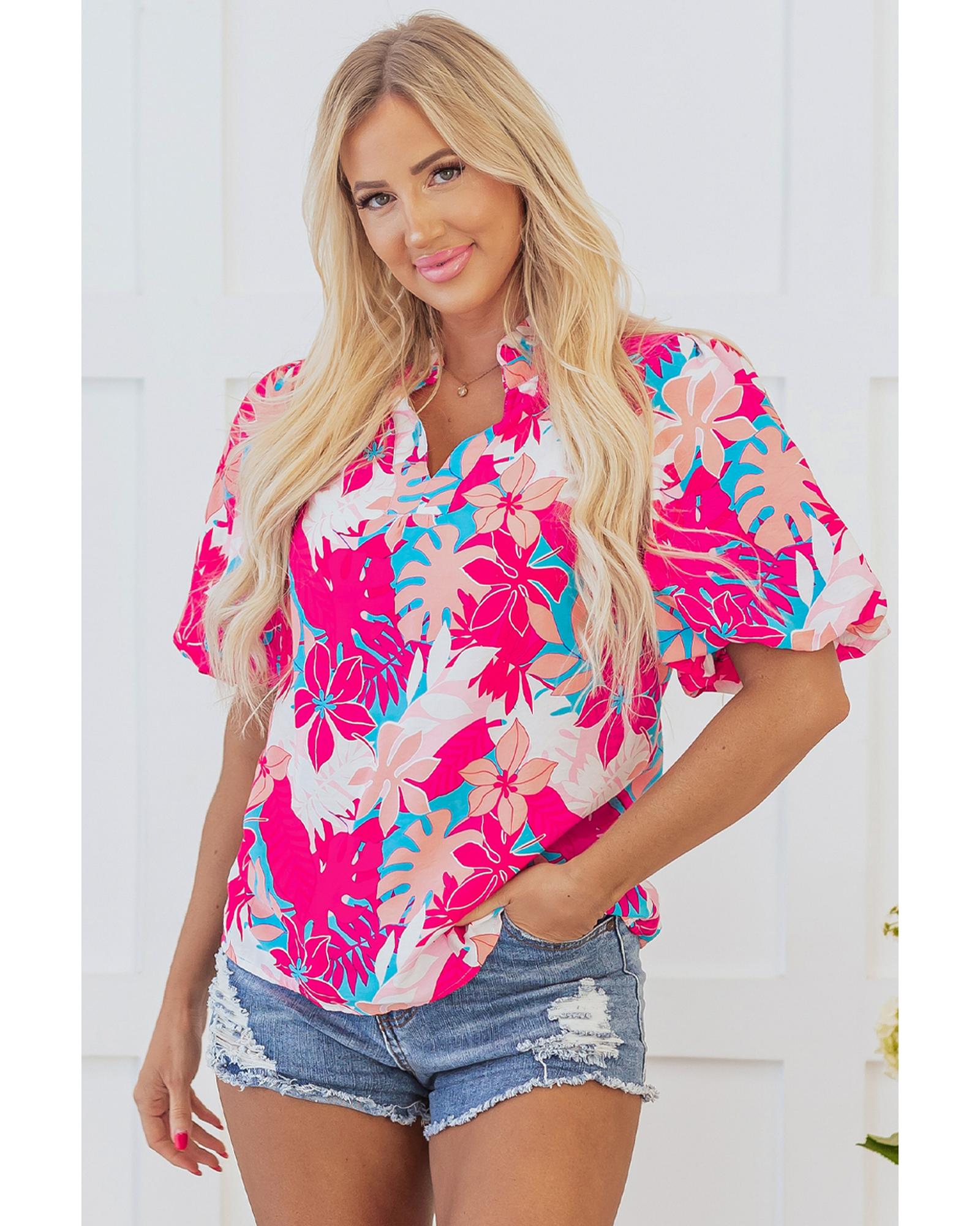 V539-AZEXDC25129435-P620-L-202508271030-00 Rose Tropical Plant Printed V Neck Puff Sleeve Blouse - L - Image 1