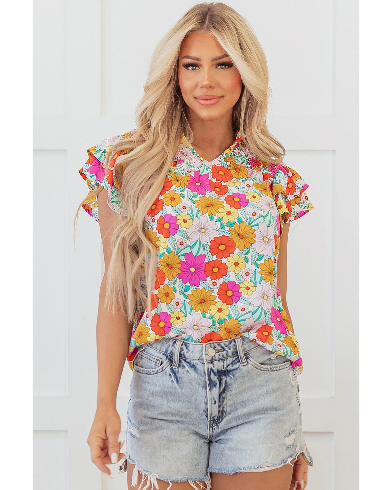 V539-AZEXDC25129438-P720-L-202508272150-00 Yellow Floral Print Shirred Tiered Ruffled Sleeve Blouse - L - Image 1