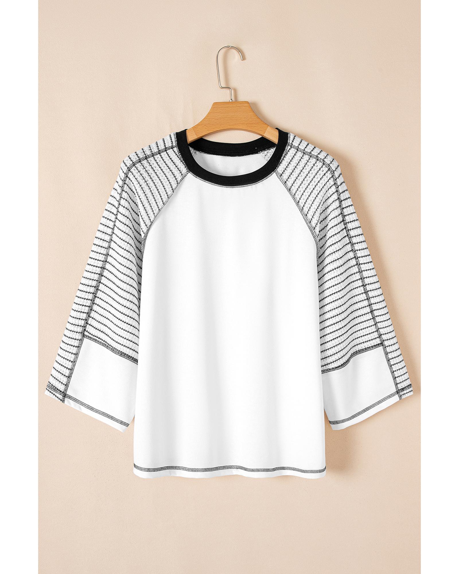 V539-AZEXDC25129487-P2-S-202508271145-00 Black Striped Bracelet Sleeve Raglan Patchwork Top - S - Image 1
