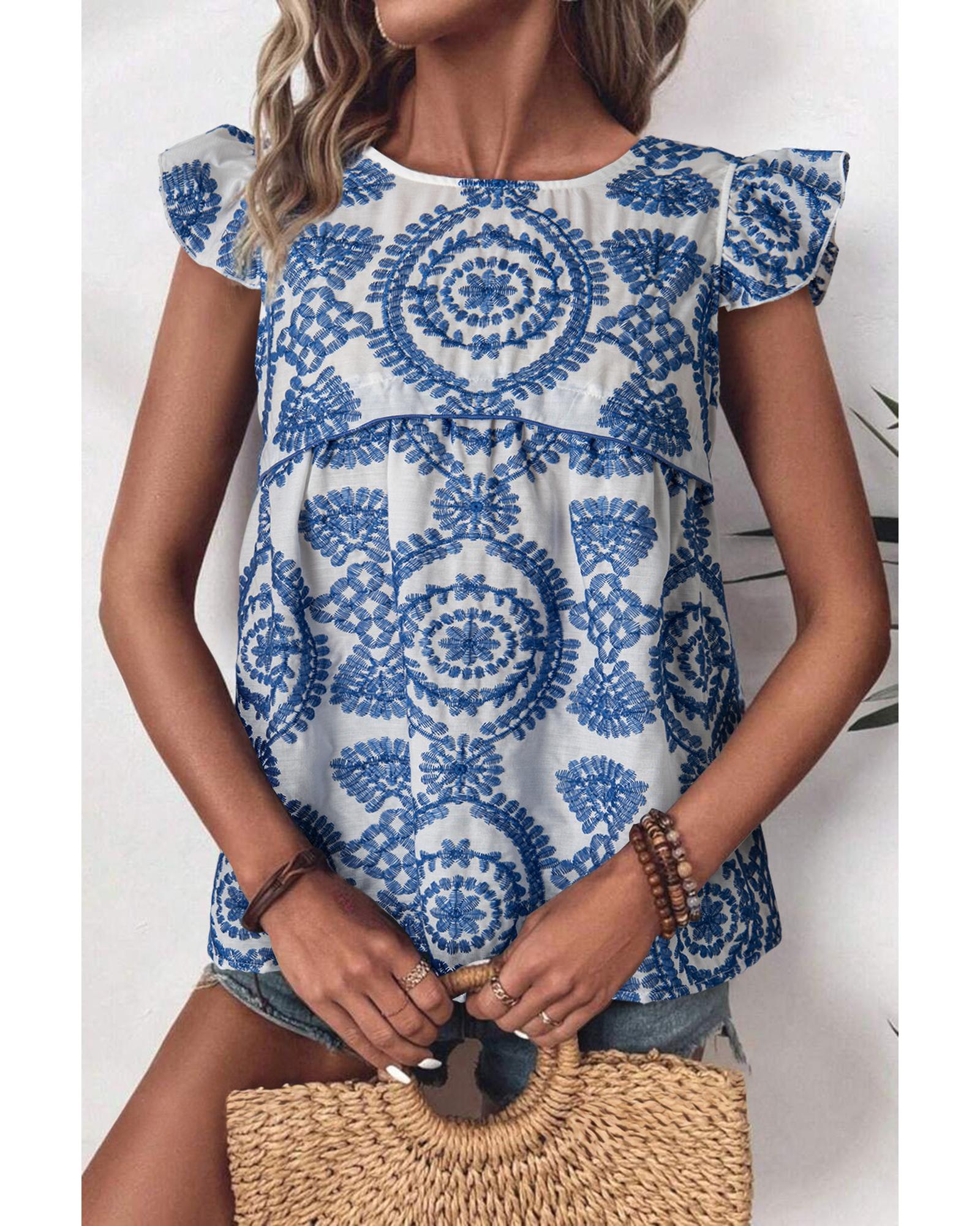 V539-AZEXDC25129504-P520-S-202506120520-00 Blue Boho Print Flutter Sleeve Crew Neck Blouse - S - Image 1