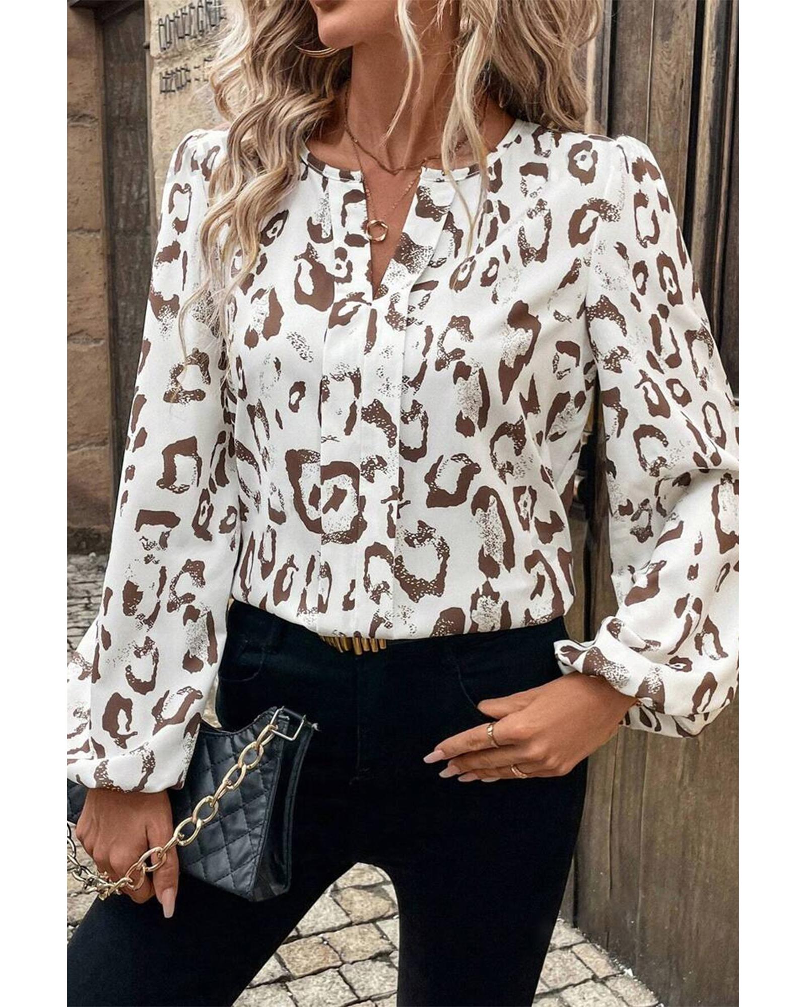 V539-AZEXDC25129508-P1620-S-202506120527-00 Khaki Leopard Print Split Neck Balloon Sleeve Blouse - S - Image 1