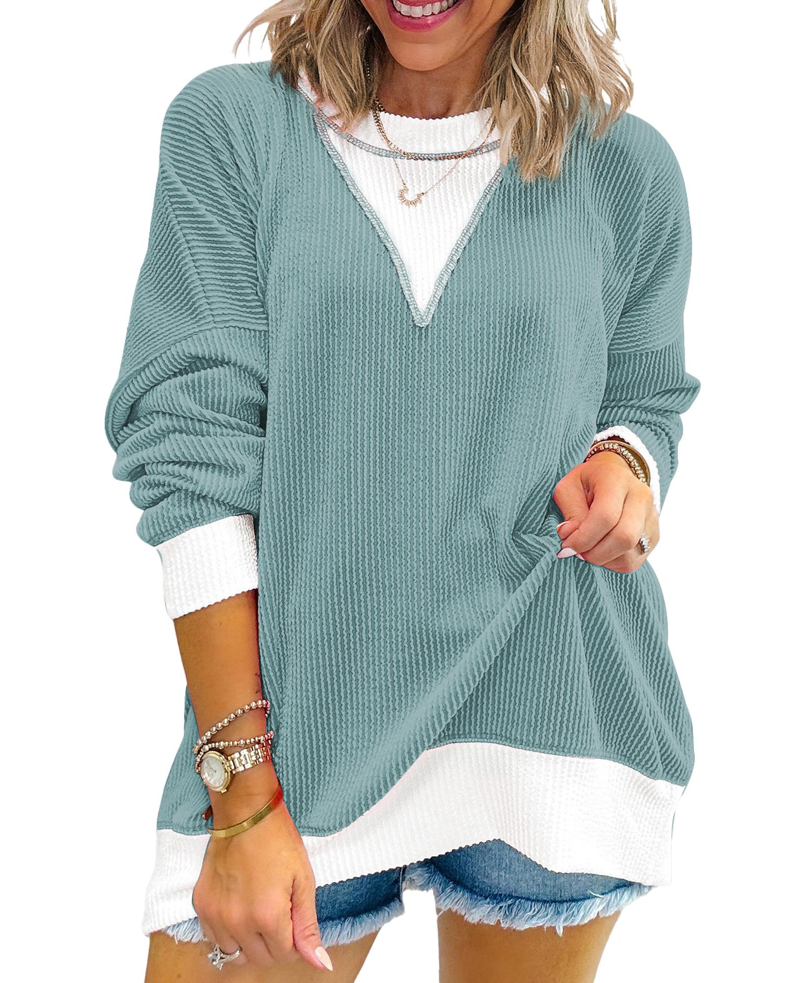 V539-AZEXDC25129519-P4-M-202508270425-00 Light Blue Corded Colorblock Drop Shoulder Loose Top - M - Image 1