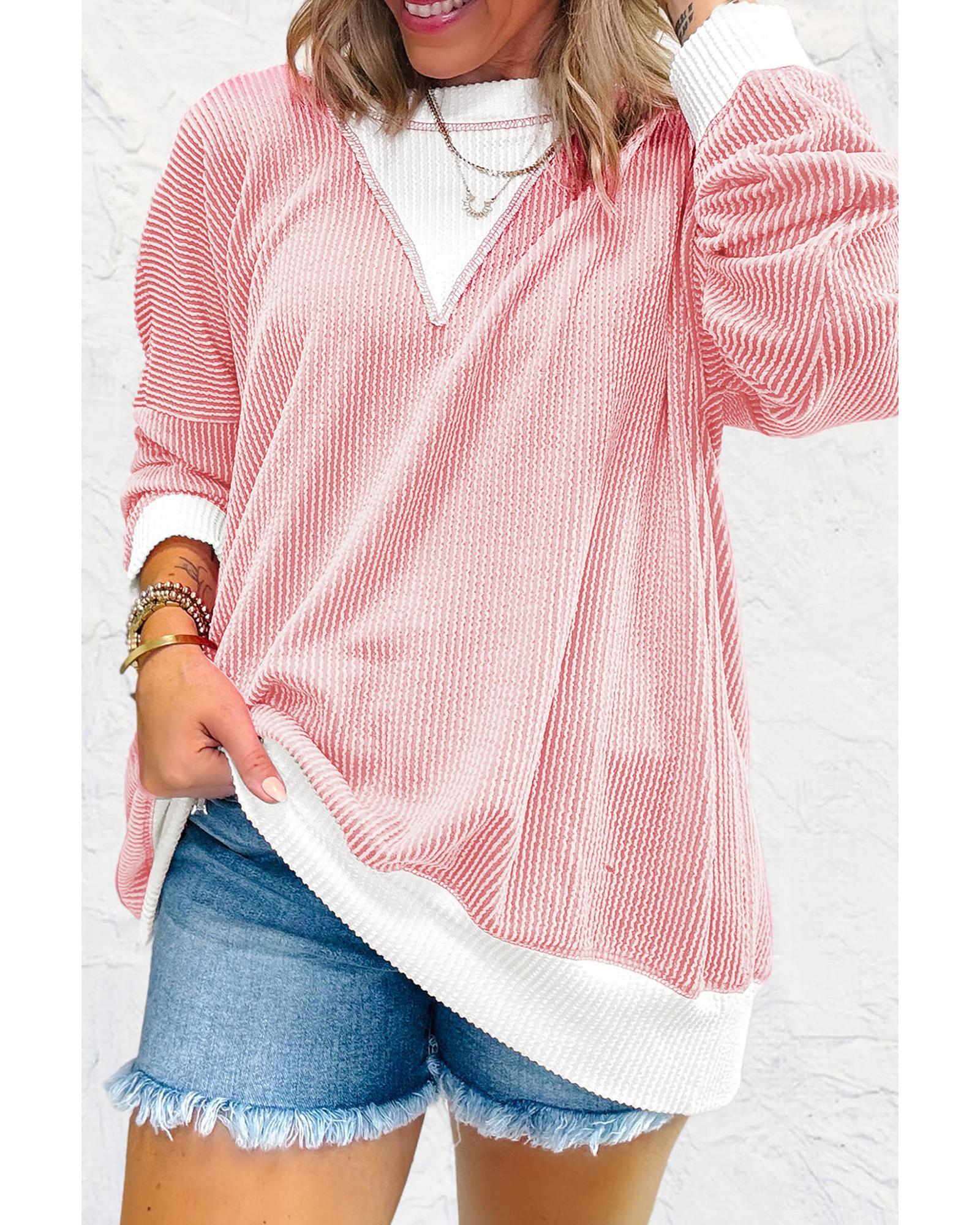 V539-AZEXDC25129519-P4010-S-202506120532-00 Peach Blossom Corded Colorblock Drop Shoulder Loose Top - S - Image 1