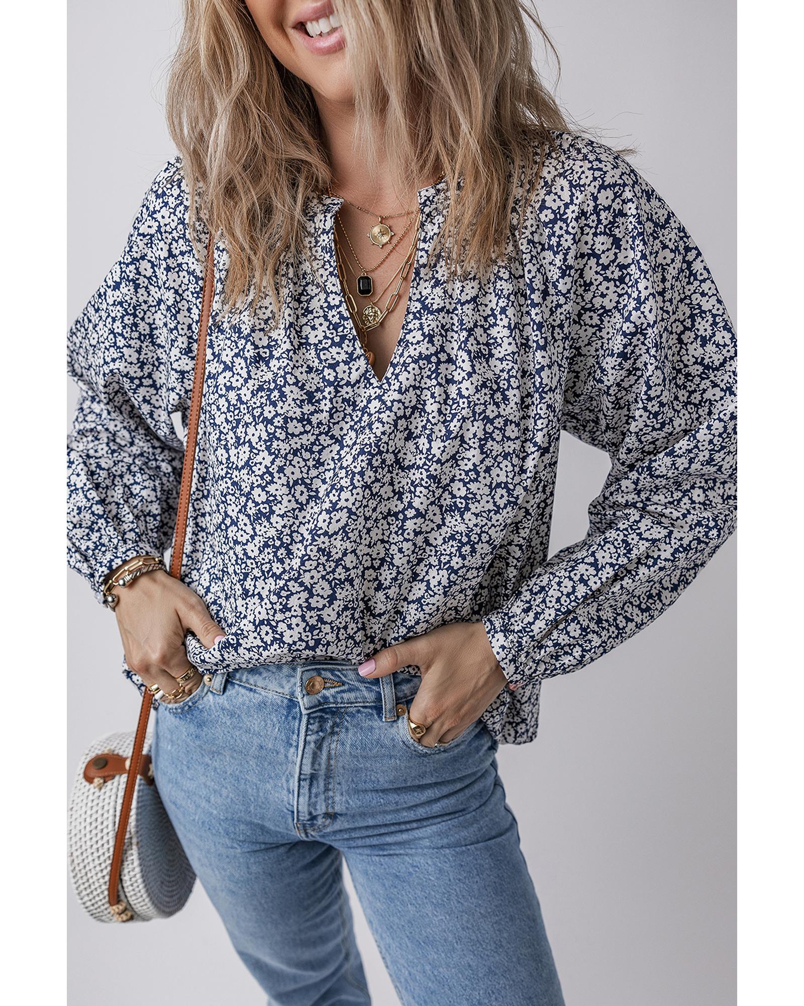 V539-AZEXDC25129531-P520-L-202508271700-00 Blue Floral Print Notched V Neck Puff Sleeve Blouse - L - Image 1