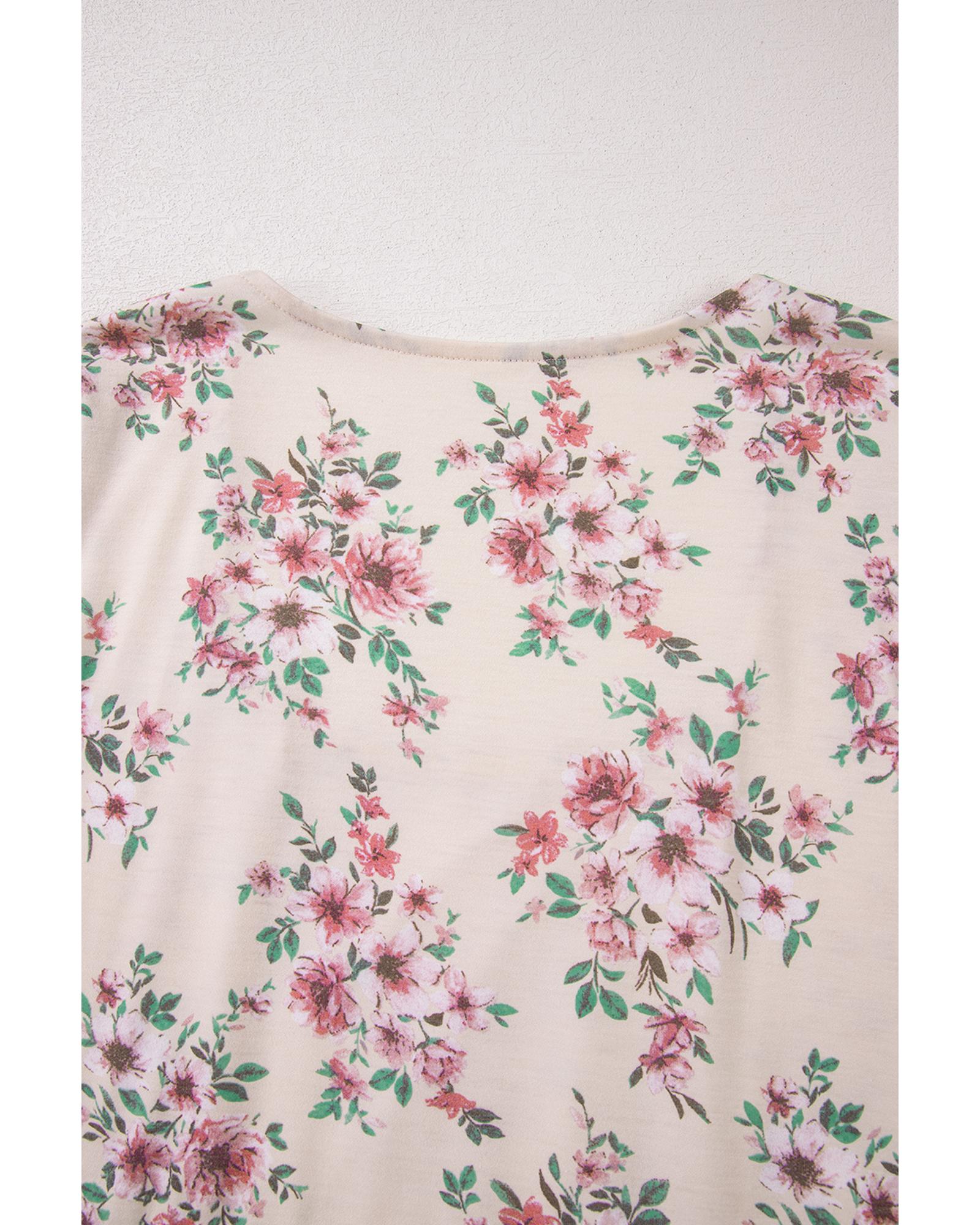 V539-AZEXDC25129540-P1020-M-202508270355-00 Pink Floral Print Pleated U Neck Loose Fit Blouse - M - Image 1