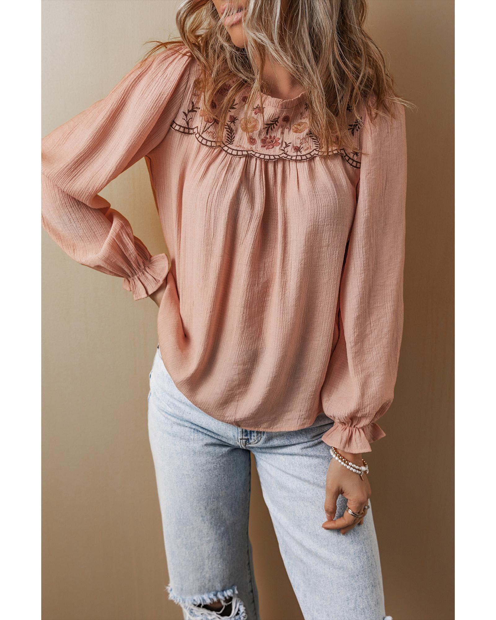 V539-AZEXDC25129541-P1710-XL-202508271305-00 Gossamer Pink Floral Embroidered Textured Flounce Sleeve Elegant Blouse - XL - Image 1