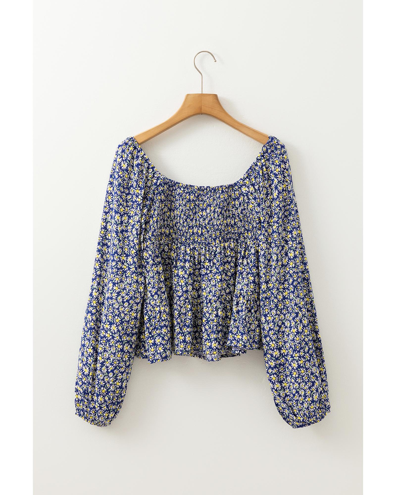 V539-AZEXDC25129542-P520-S-202506120621-00 Blue Boho Floral Print Smocked Square Neck Loose Fit Blouse - S - Image 1
