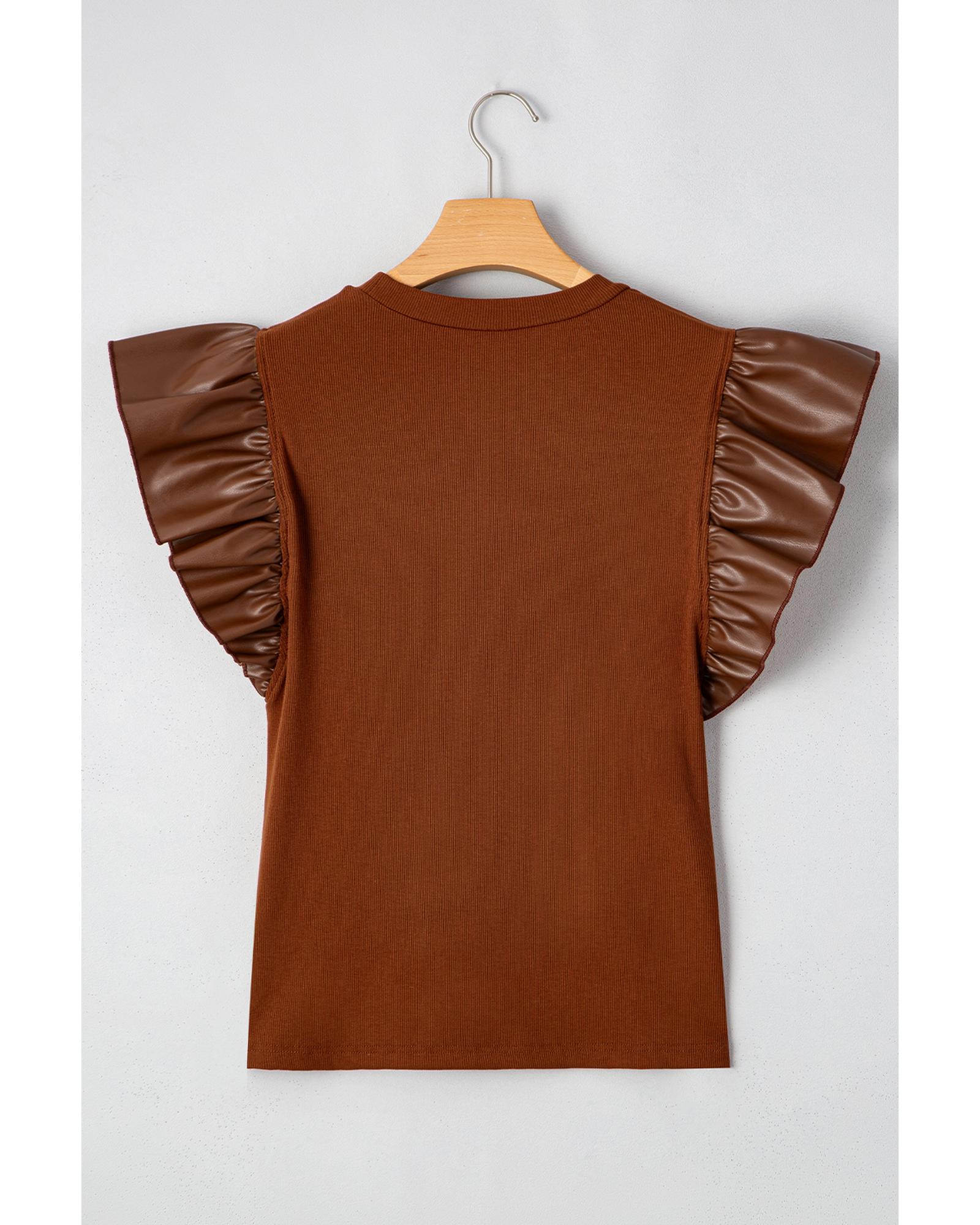 V539-AZEXDC25129550-P1317-XL-202508270615-00 Cinnamon Leather Ruffle Sleeve Patchwork Round Neck Blouse - XL - Image 1