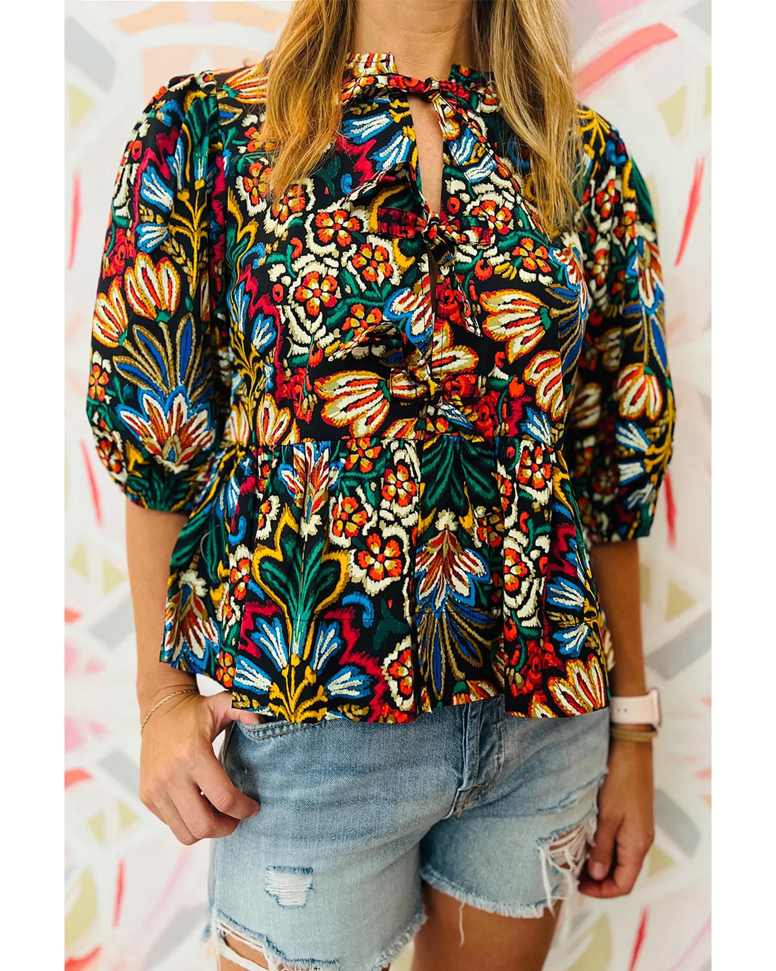 V539-AZEXDC25129566-P2-M-202508270240-00 Black Tropical Print Bubble Sleeve Knot Front Blouse - M - Image 1