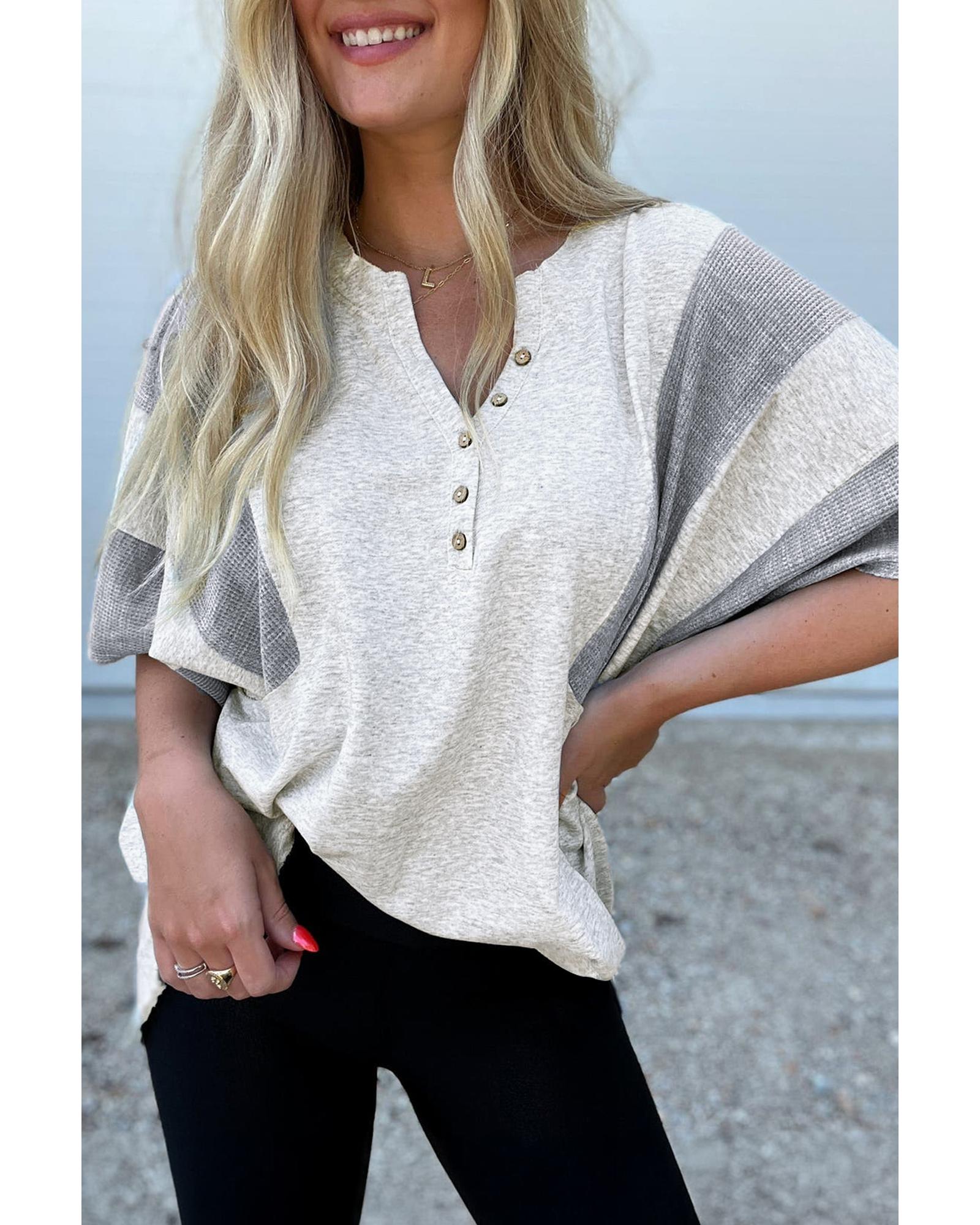 V539-AZEXDC25129590-P1011-M-202508271815-00 Light Grey Two Tone Contrast Waffle Knit Patched Buttoned V Neck Top - M - Image 1