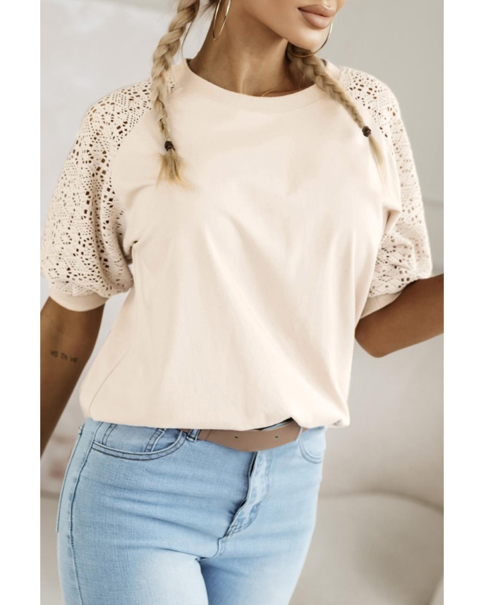 V539-AZEXDC25129601-P2015-M-202508271640-00 Jet Stream Lace Crochet Short Sleeve Round Neck T Shirt - M - Image 1