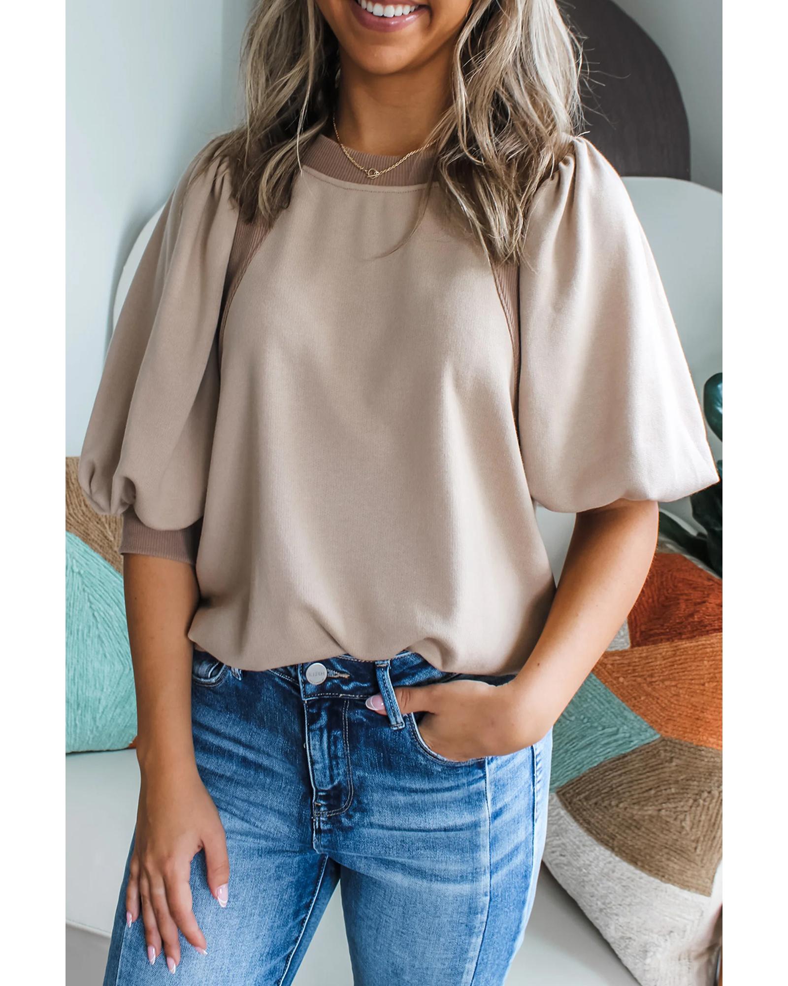 V539-AZEXDC25129608-P1217-S-202506120211-00 Goat Half Lantern Sleeve Solid Colour Pullover Top - S - Image 1