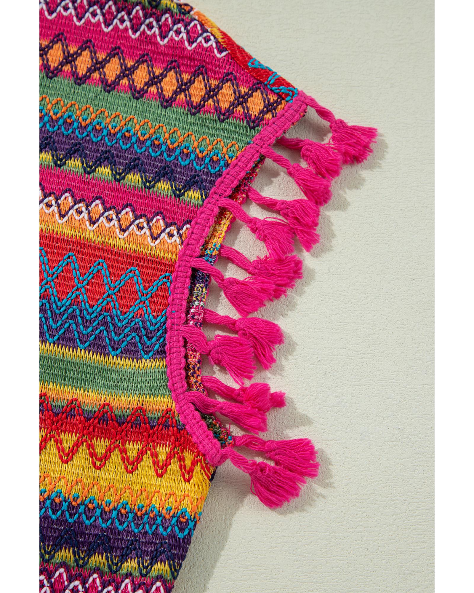 V539-AZEXDC25129672-P622-L-202508270206-00 Rose Red Jacquard Textured Tasseled Cap Sleeve Top - L - Image 1