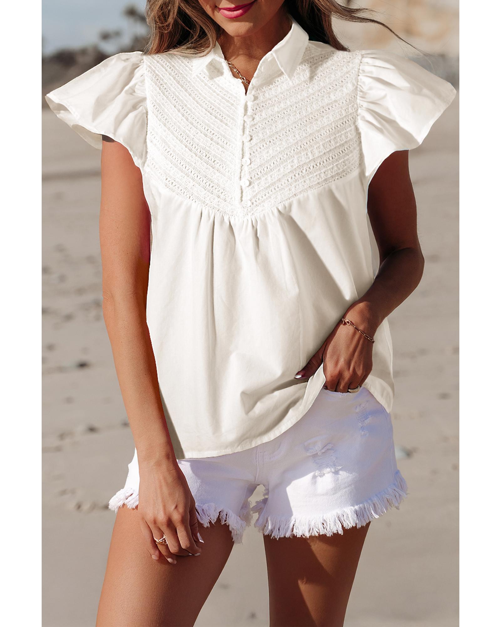 V539-AZEXDC25129680-P1-XL-202508272005-00 White Half Button Lace Patchwork Flutter Sleeve Blouse - XL - Image 1