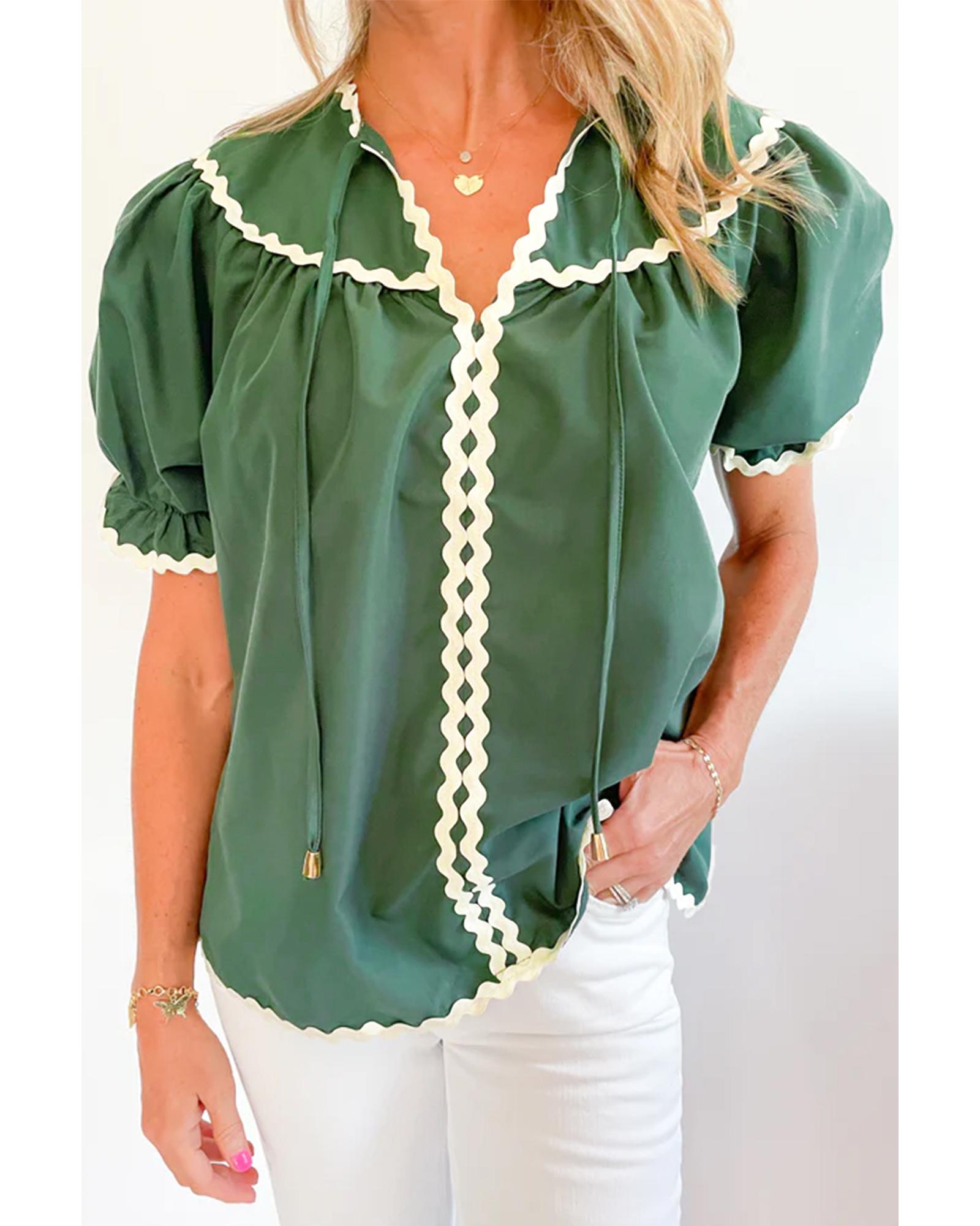 V539-AZEXDC25129711-P509-M-202508271710-00 Mist Green Ric Rac Trim Tie Split Neck Short Sleeve Blouse - M - Image 1