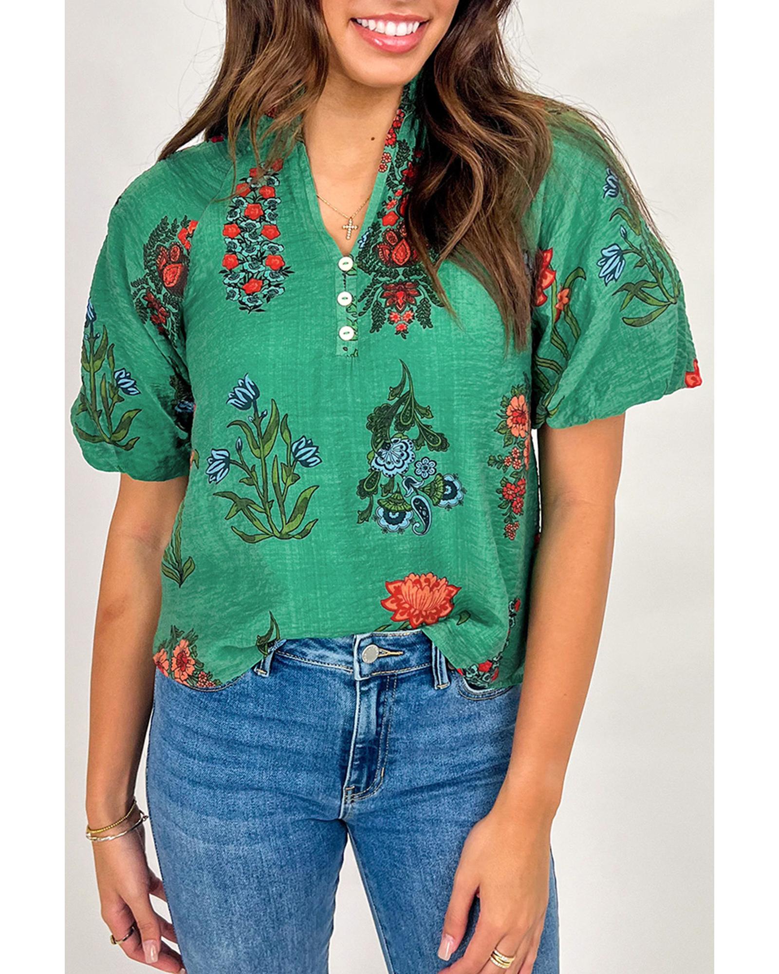 V539-AZEXDC25129731-P109-S-202506120352-00 Bright Green Floral Print Buttoned V Neck Short Sleeve Blouse - S - Image 1