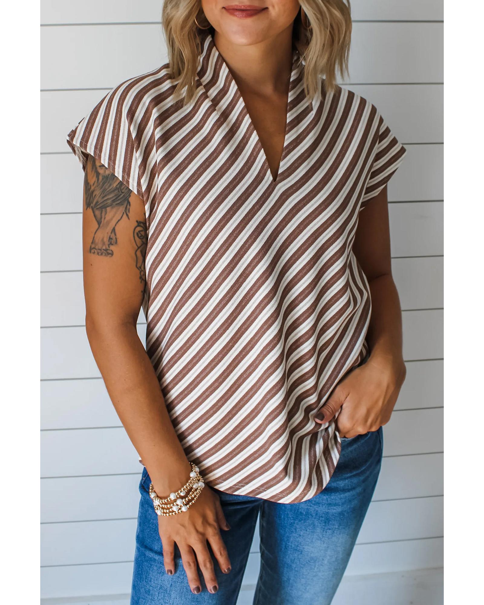 V539-AZEXDC25129763-P2017-L-202508271450-00 Chestnut Striped Stand V Neck Short Sleeve Blouse - L - Image 1