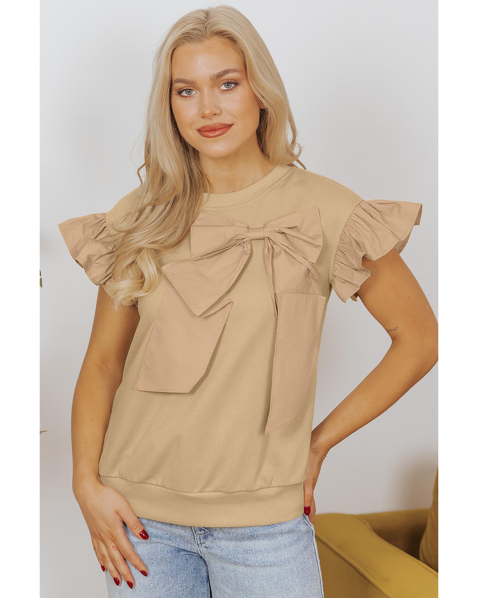 V539-AZEXDC25129807-P6016-XL-202508272340-00 Parchment Two Tones Ribbon Bow Ruffle Sleeve Top - XL - Image 1