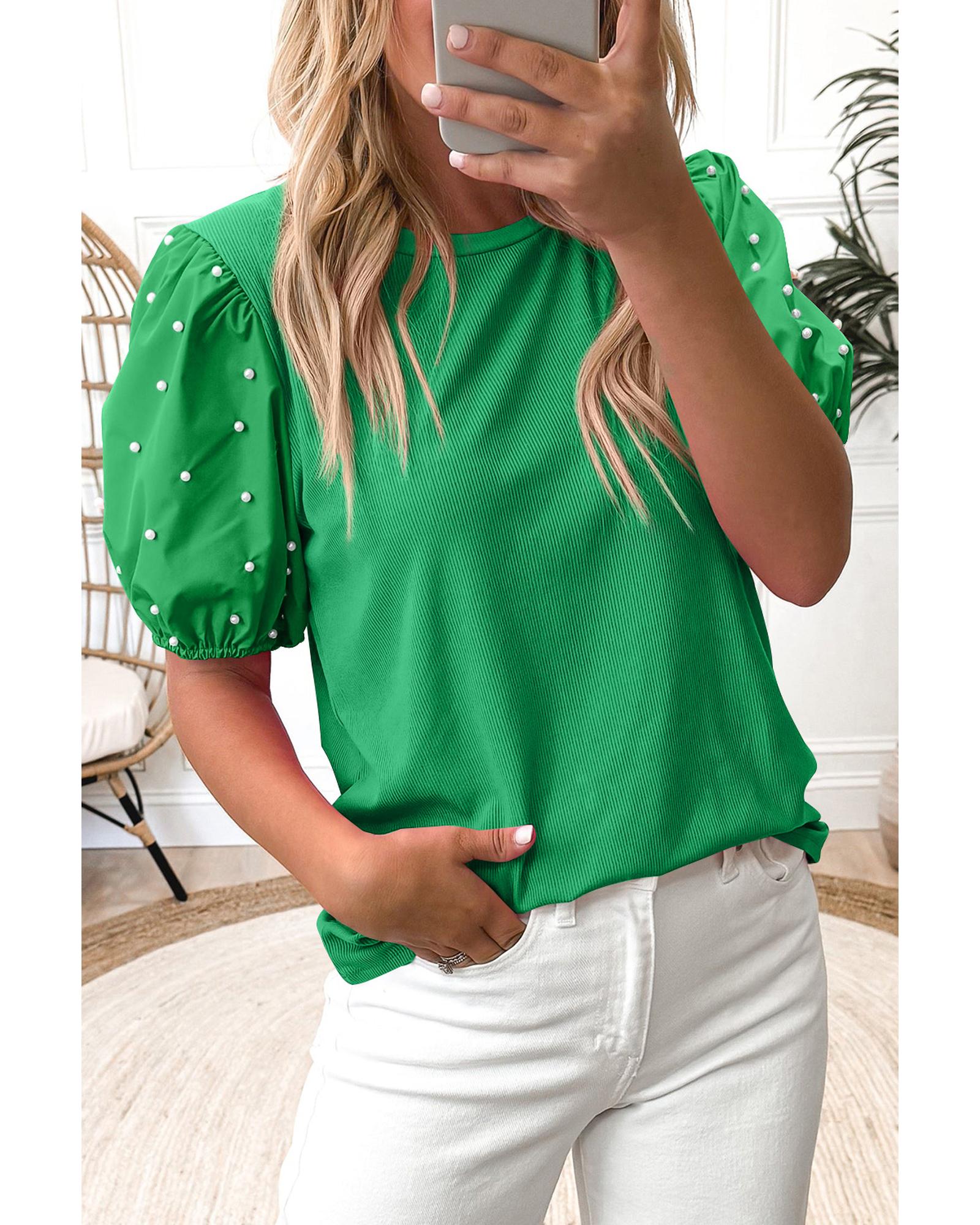 V539-AZEXDC25129817-P109-M-202508270320-00 Bright Green Ribbed Pearl Beaded Puff Sleeve Top - M - Image 1