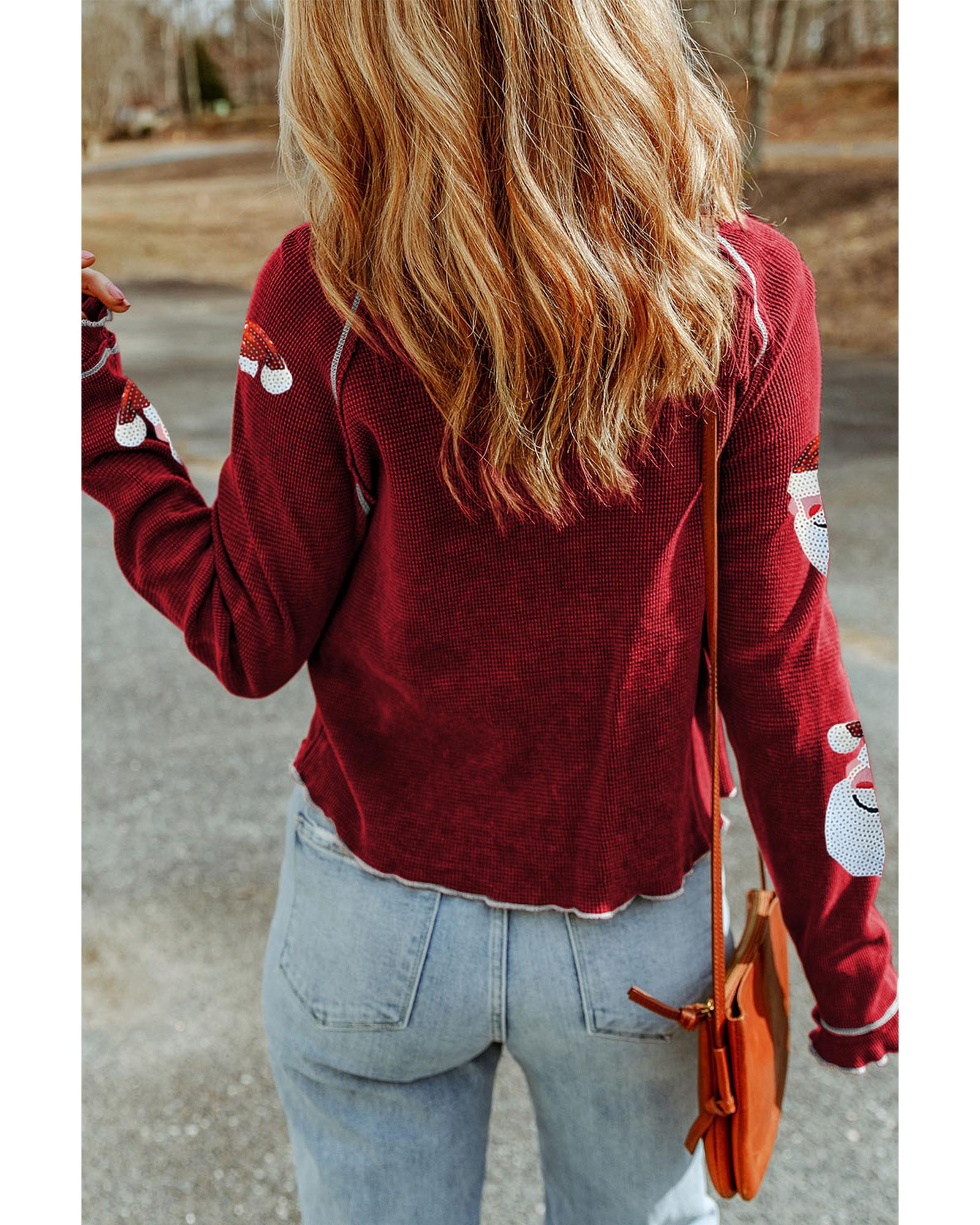 V539-AZEXDC25129834-3-M-202508271640-00 Red Sequin Santa Claus Graphic Textured Long Sleeve Top - M - Image 1