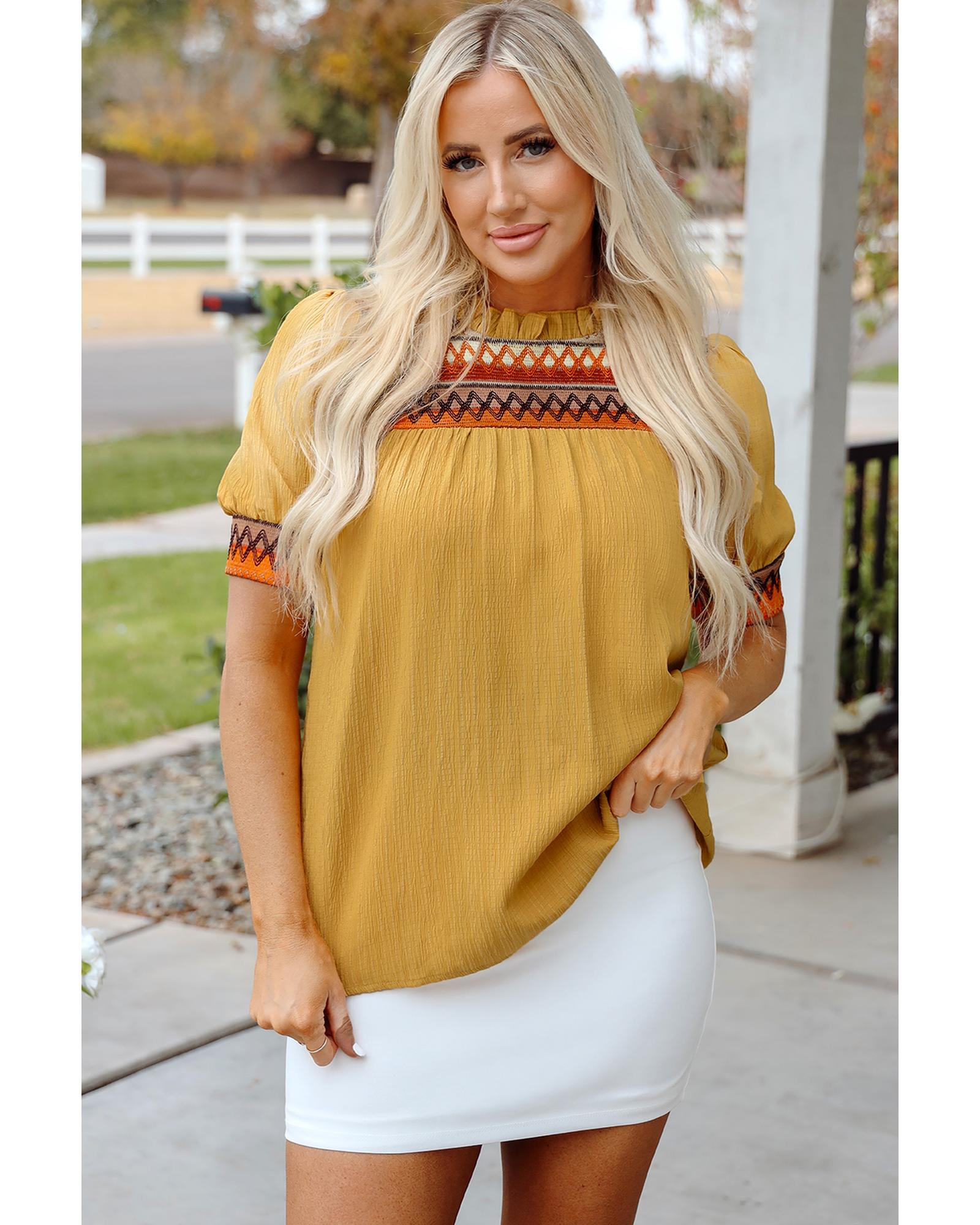 V539-AZEXDC25129839-P407-S-202506120516-00 Mustard Geometric Short Puff Sleeve Frilled Collar Blouse - S - Image 1