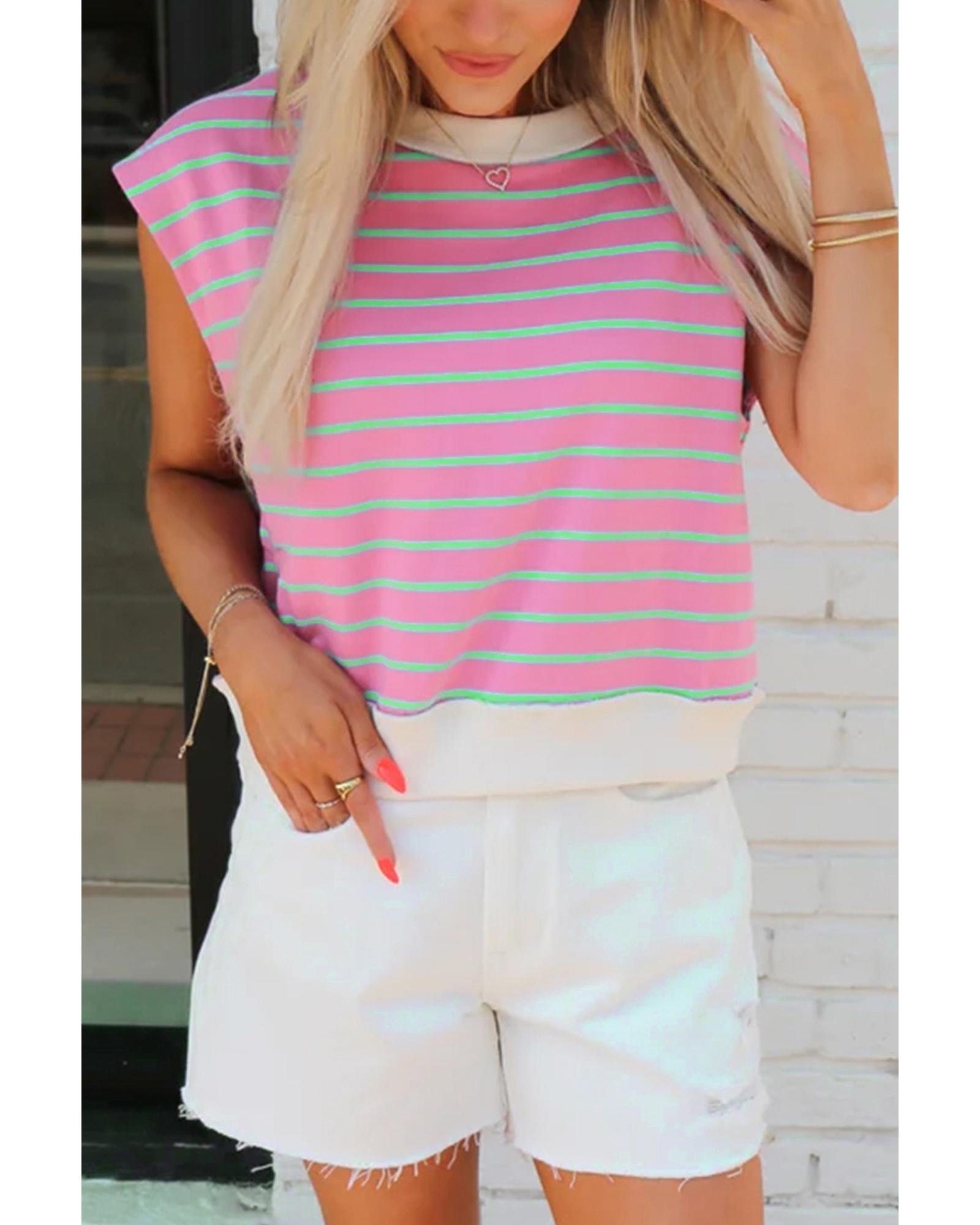 V539-AZEXDC25129850-P406-XL-202508271610-00 Sachet Pink Striped Crew Neck Cap Sleeve T Shirt - XL - Image 1