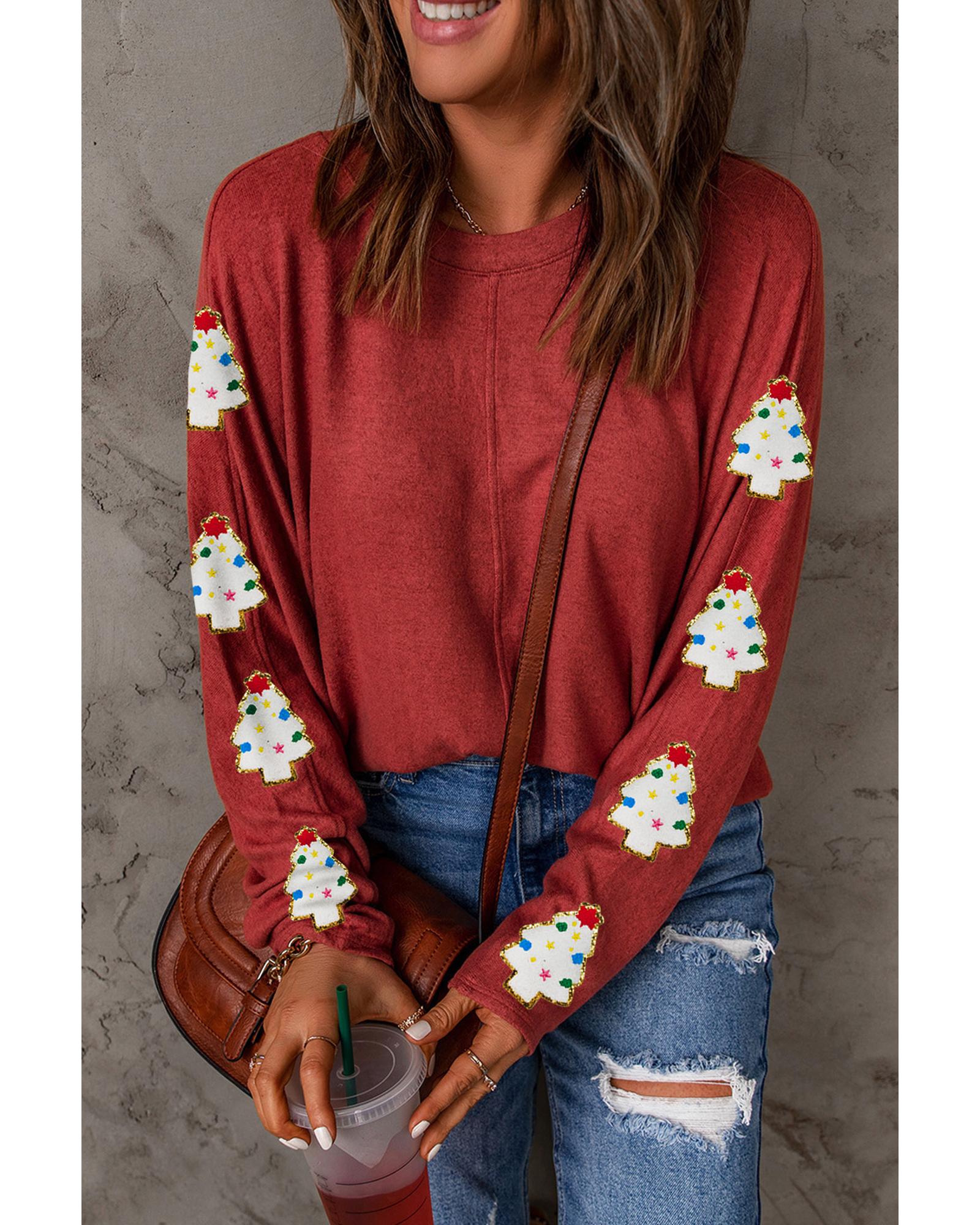 V539-AZEXDC25129855-3-L-202508271745-00 Red Christmas Tree Patch Long Sleeve Casual Top - L - Image 1