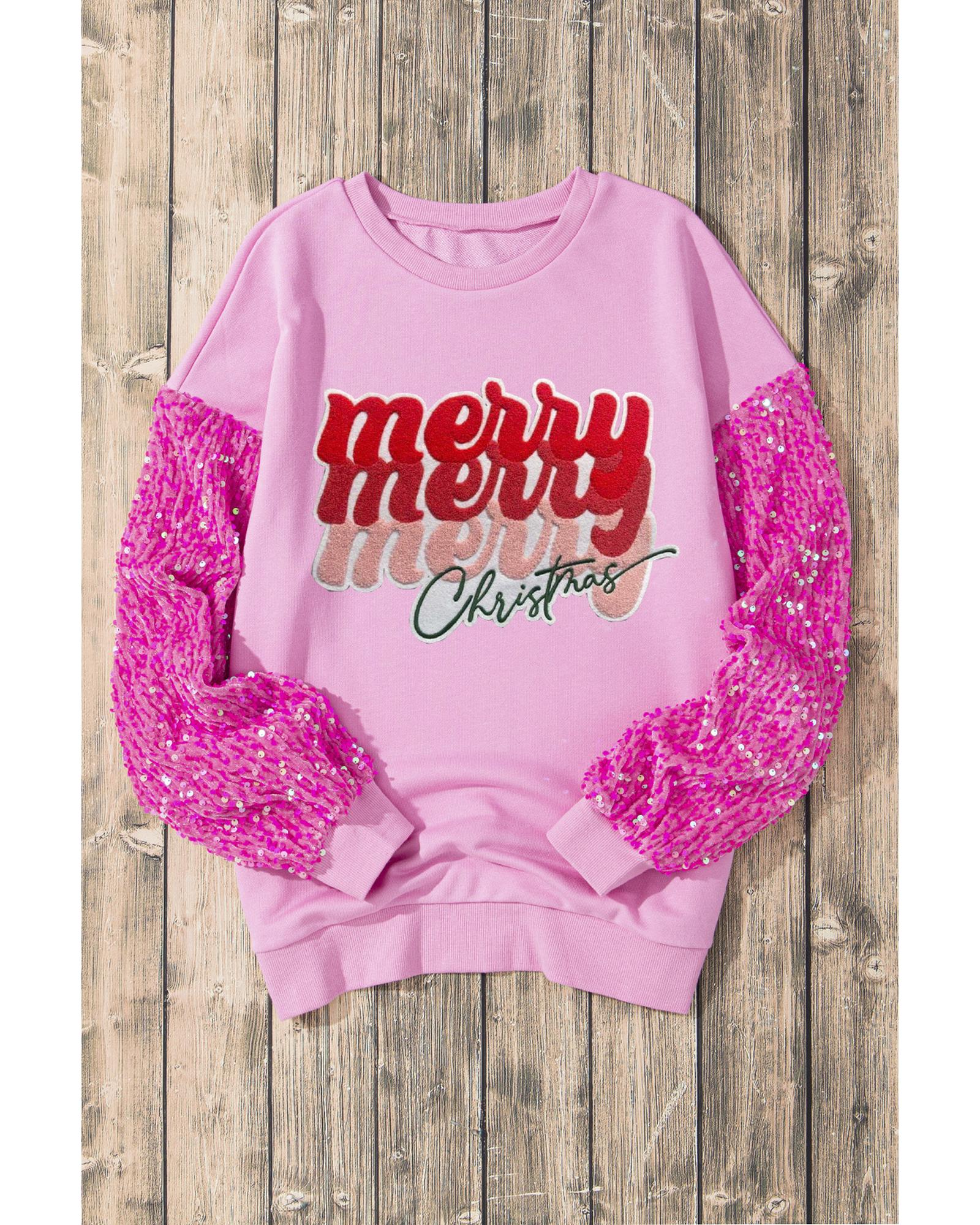 V539-AZEXDC25129856-P10-XL-202508280005-00 Pink Merry Christmas Graphic Sequin Sleeve Patchwork Top - XL - Image 1