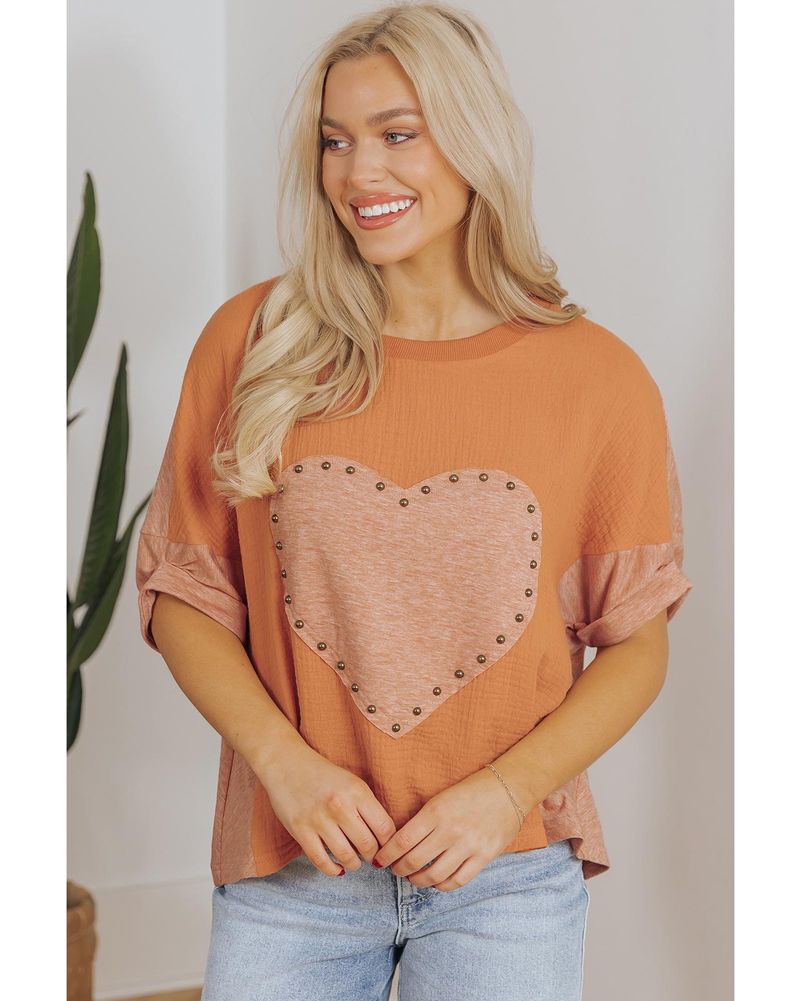 V539-AZEXDC25129864-P8014-S-202506120535-00 Desert Gold Stud Heart Patch Textured Front Dolman Top - S - Image 1