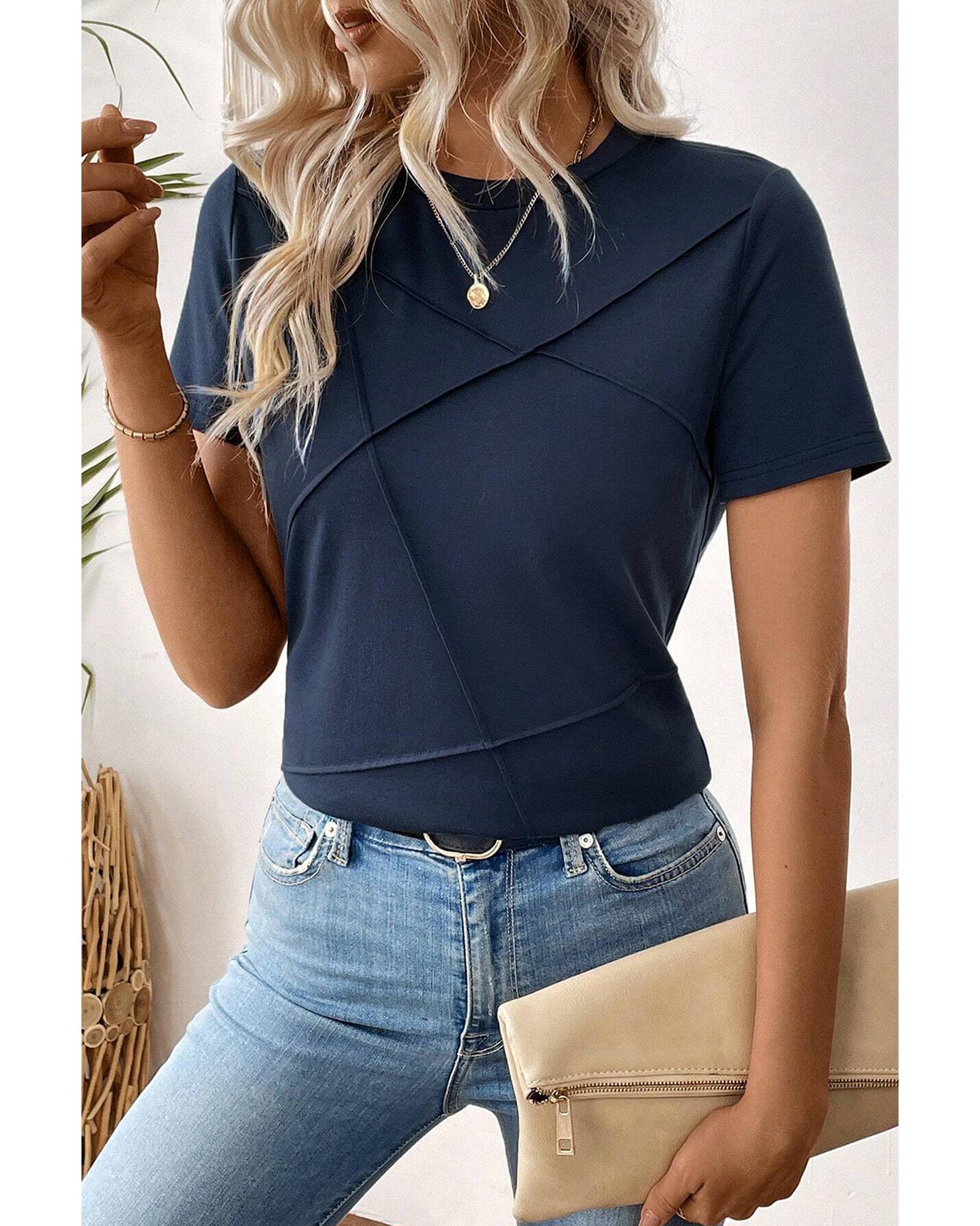 V539-AZEXDC25129870-P1005-XL-202508271040-00 Dirty blue Solid Color Toothpick Stripe Round Neck T Shirt - XL - Image 1