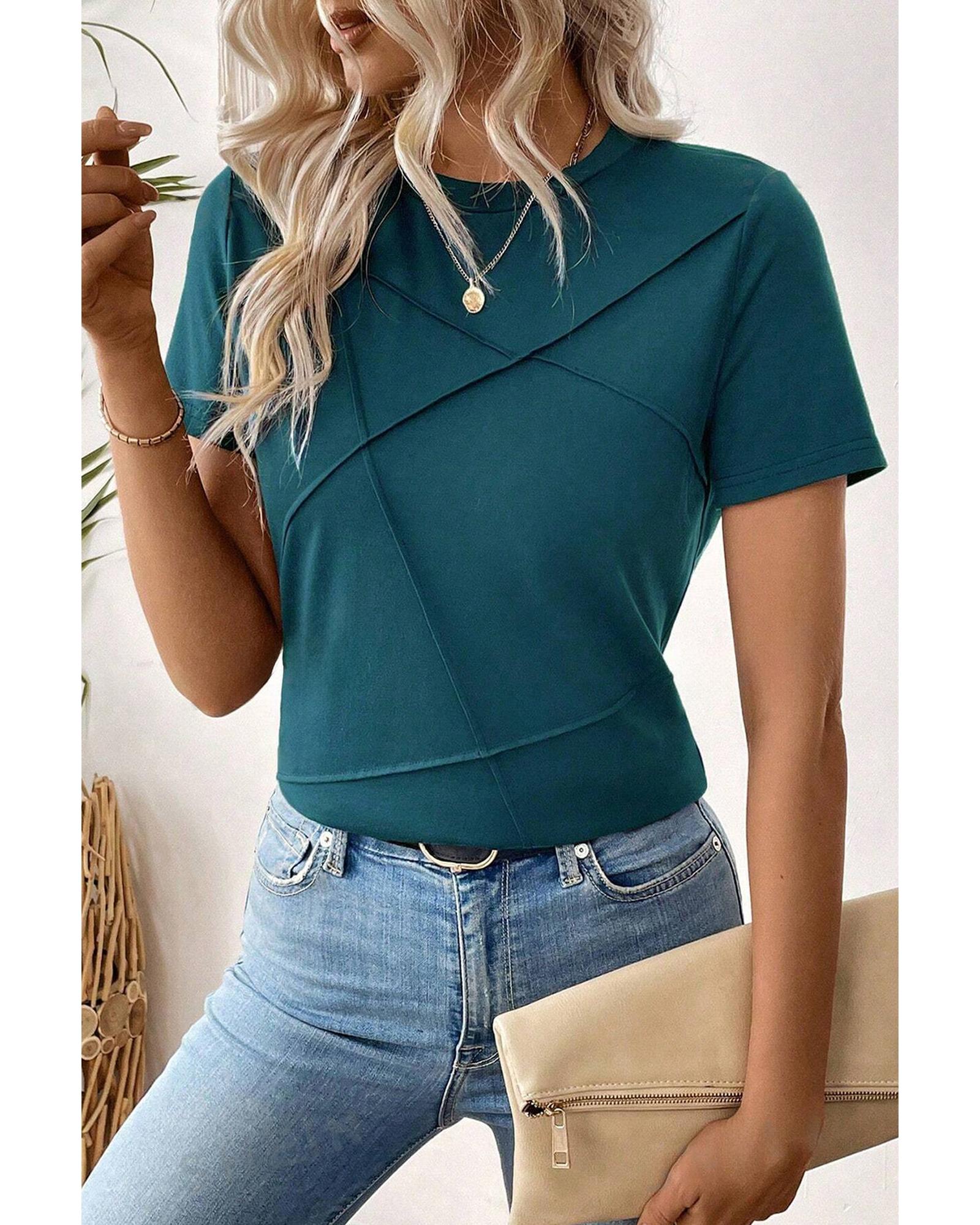 V539-AZEXDC25129870-P805-XL-202508271555-00 Blue Sapphire Solid Color Toothpick Stripe Round Neck T Shirt - XL - Image 1