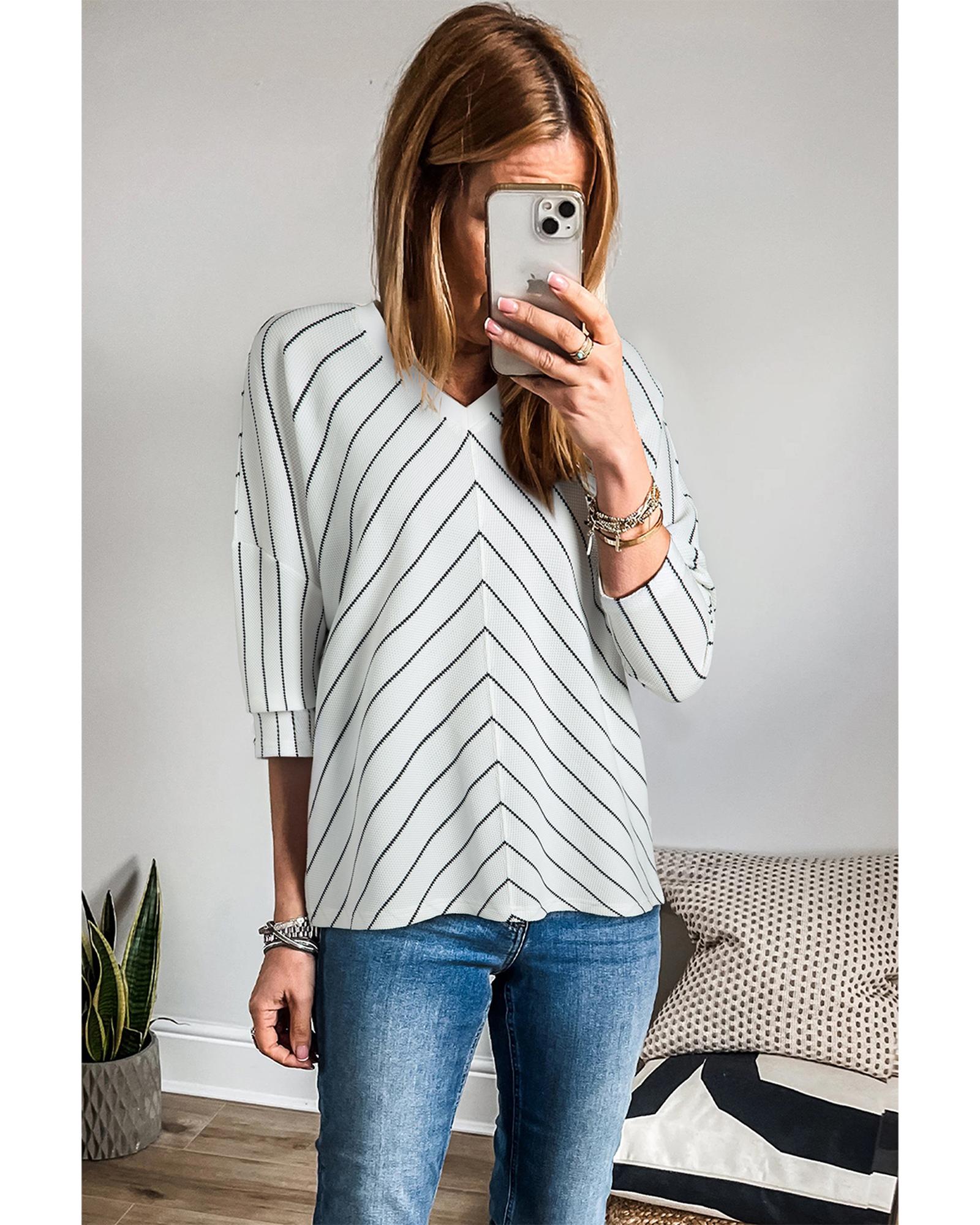 V539-AZEXDC25129899-P219-XL-202508270750-00 Black Stripe Chevron Striped V Neck Long Sleeve Casual Top - XL - Image 1