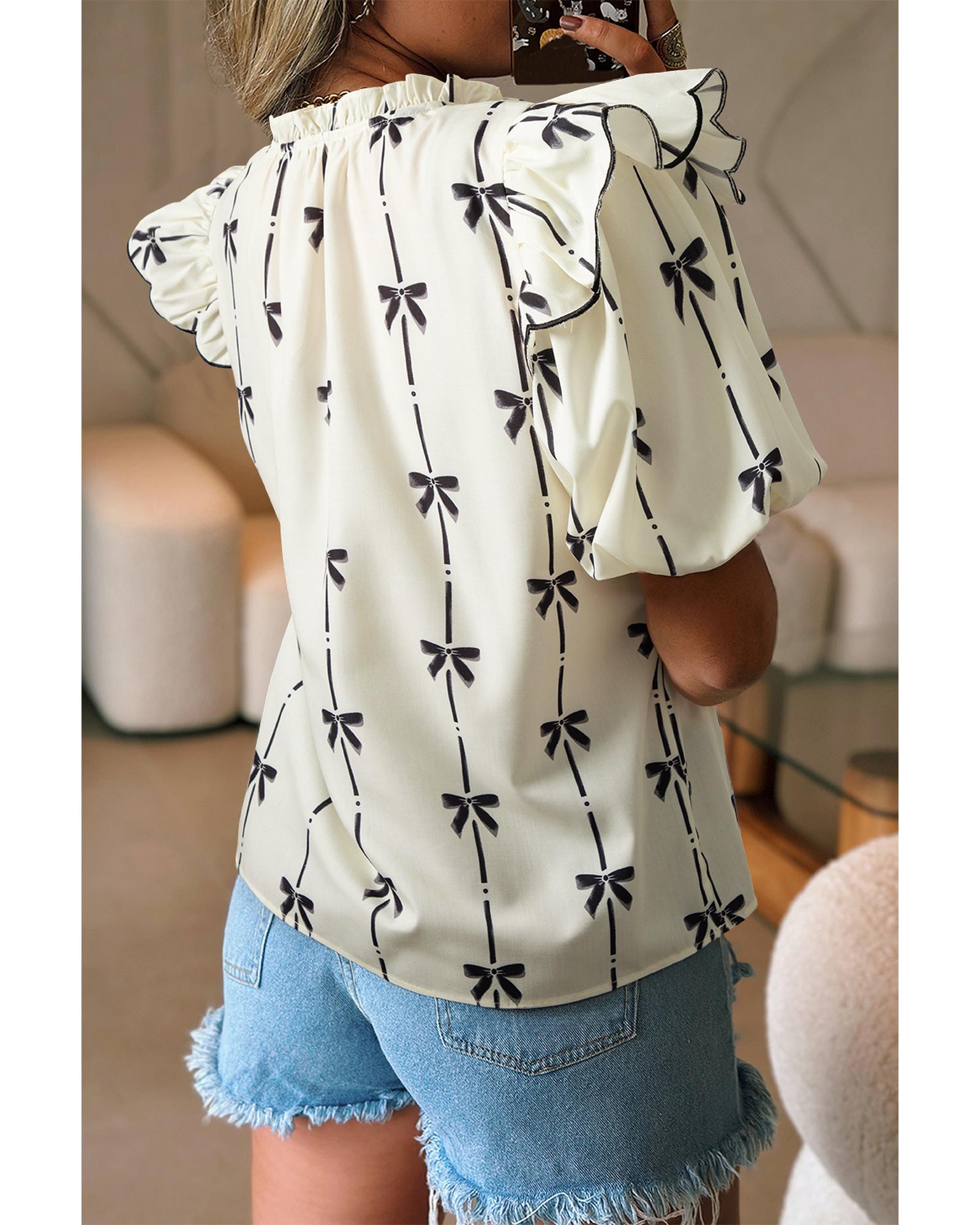 V539-AZEXDC25129923-P1520-M-202508271510-00 Beige Bow Printed Ruffled Bubble Sleeve Tied Notched V Neck Blouse - M - Image 1