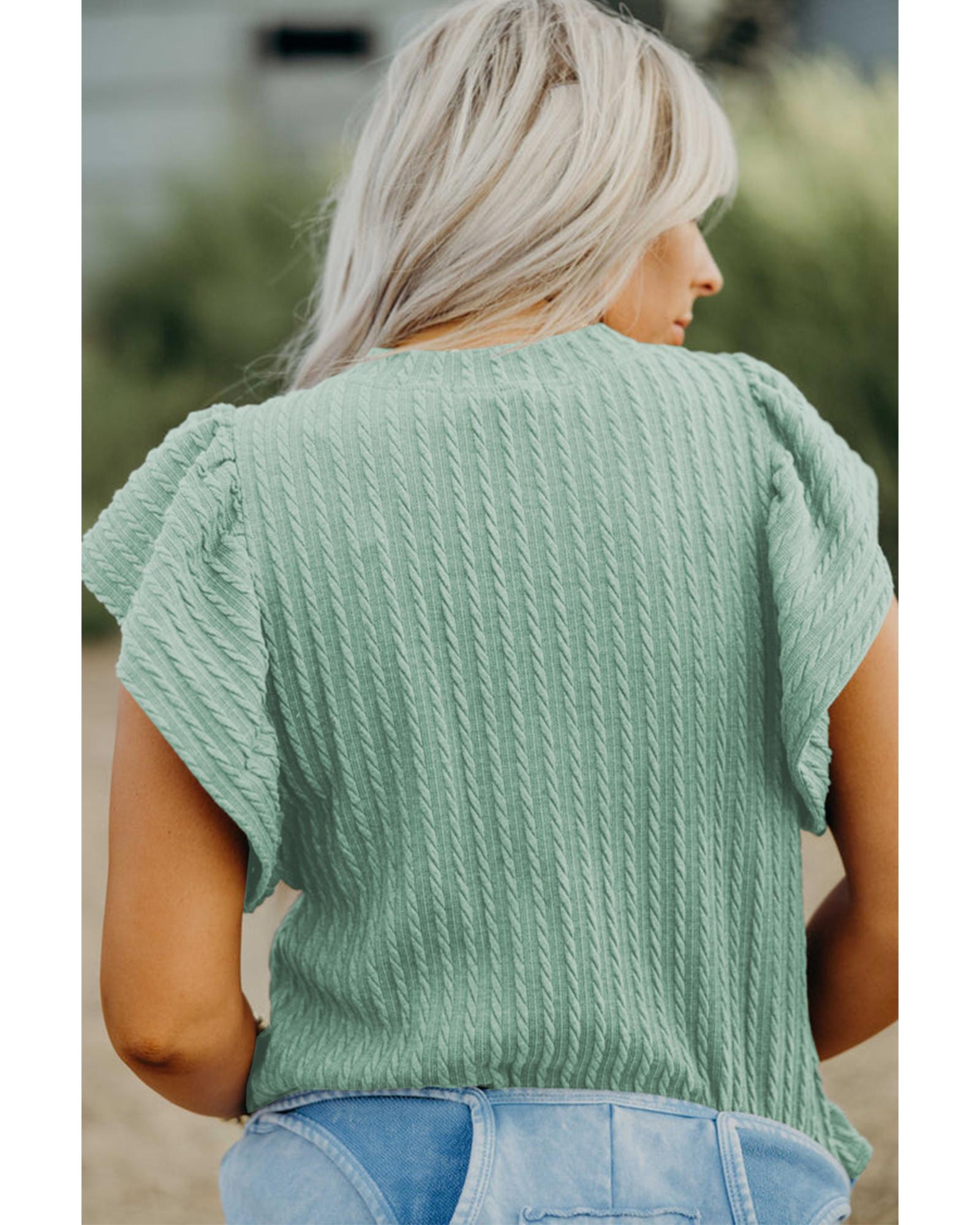 V539-AZEXDC25129951-P2209-XL-202508270825-00 Moonlight Jade Solid Color Textured Flutter Sleeve Top - XL - Image 1