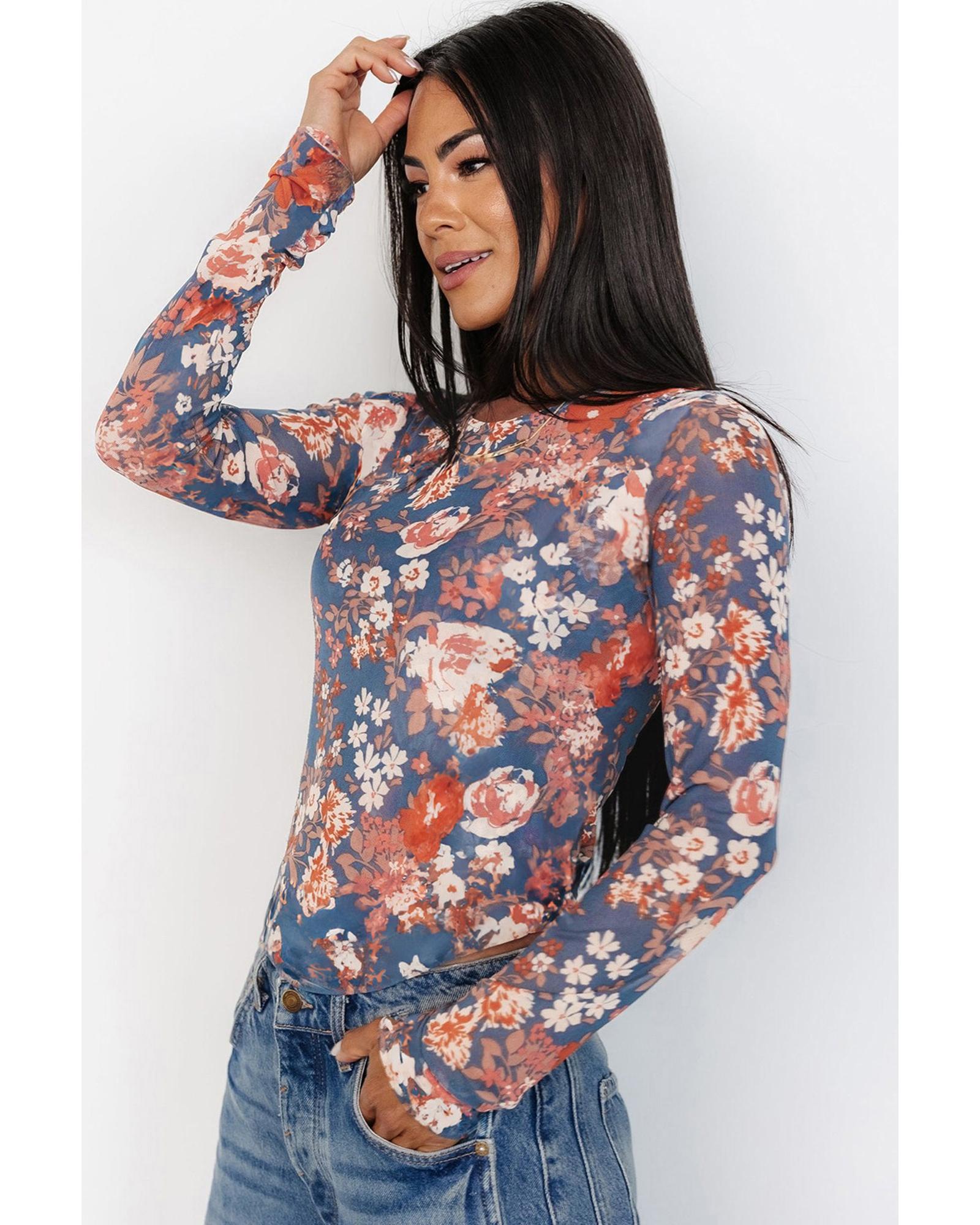 V539-AZEXDC25129958-P708-L-202508270750-00 Orchid Petal Floral Print Mesh Fitted Long Sleeve Top - L - Image 1