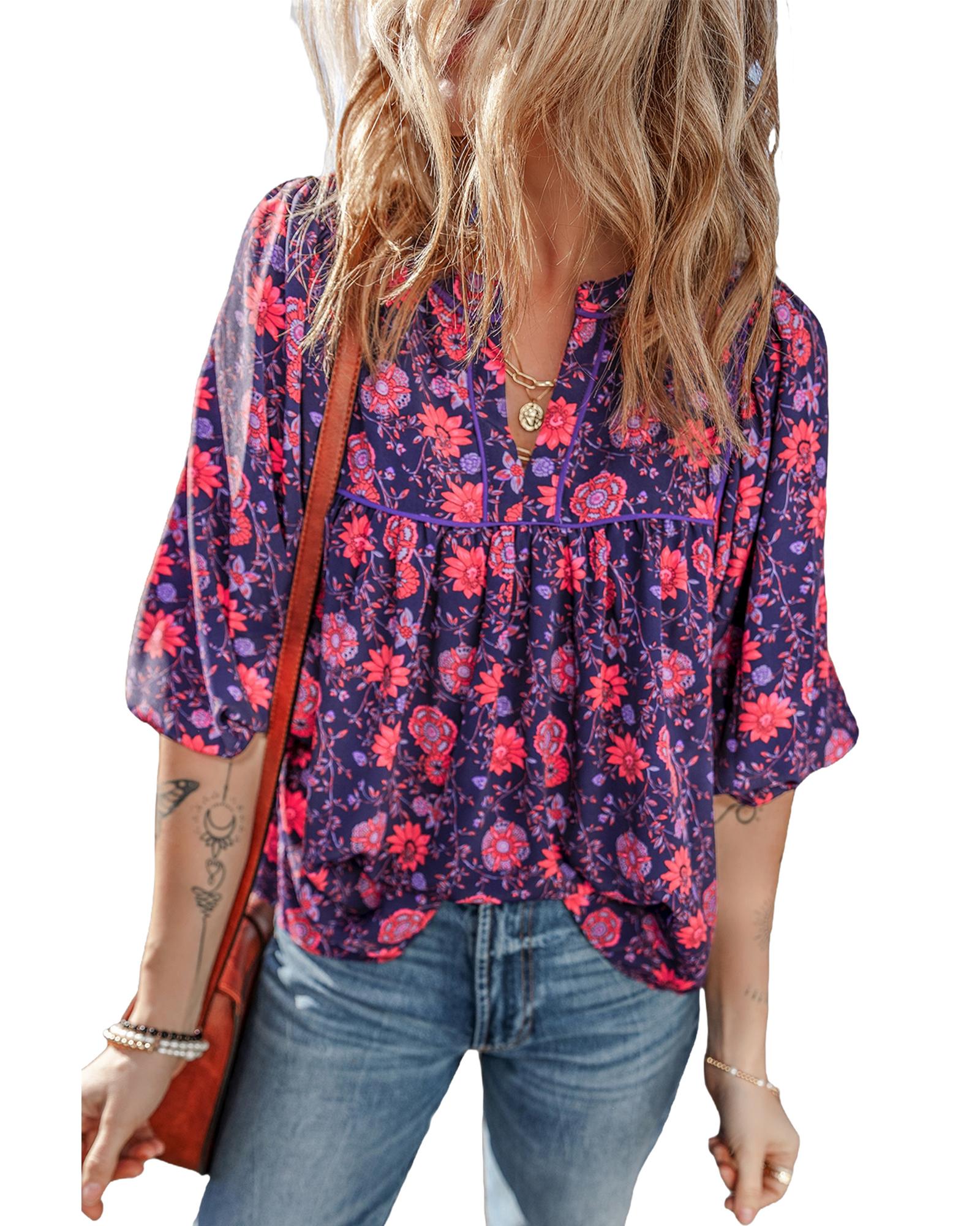 V539-AZEXDC25129966-P820-S-202506120736-00 Purple Floral Half Sleeve Split Neck Blouse Top - S - Image 1