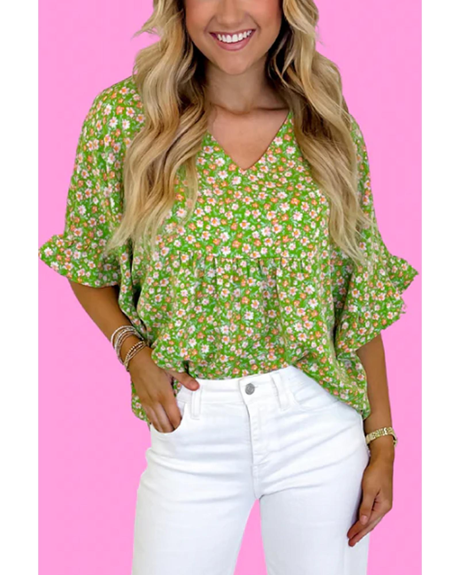 V539-AZEXDC25130011-P9-S-202506120816-00 Green Floral Print Ruffle Sleeve V Neck Blouse Top - S - Image 1