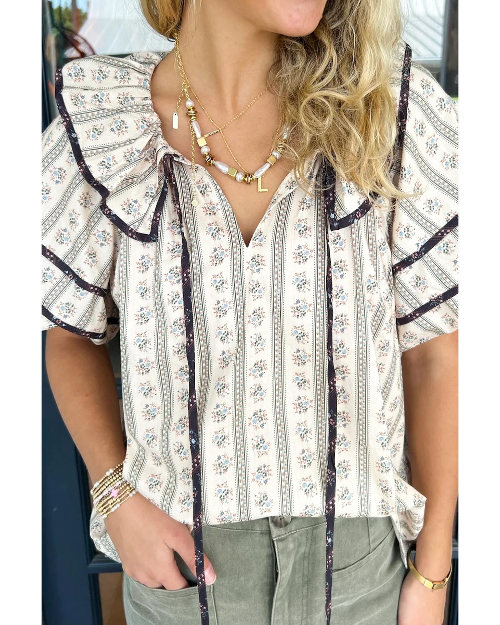 V539-AZEXDC25130015-P1-L-202508270405-00 White Floral Ruffled Collar Short Puff Sleeve Printed Blouse - L - Image 1