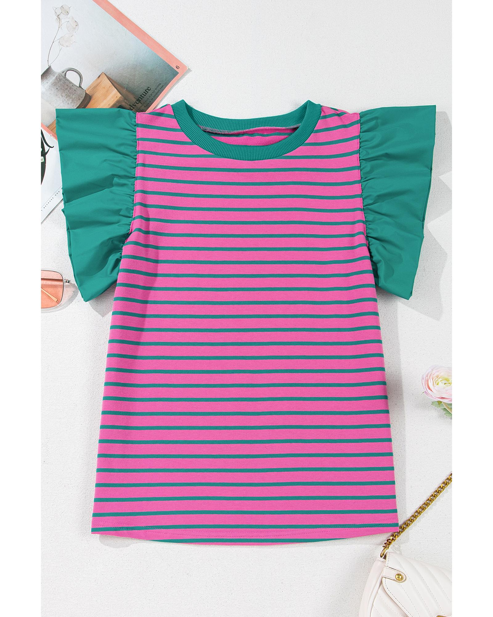 V539-AZEXDC25130058-P1019-XL-202506120847-00 Pink Stripe Colorblock Ruffled Sleeve Crew Neck Blouse - XL - Image 1