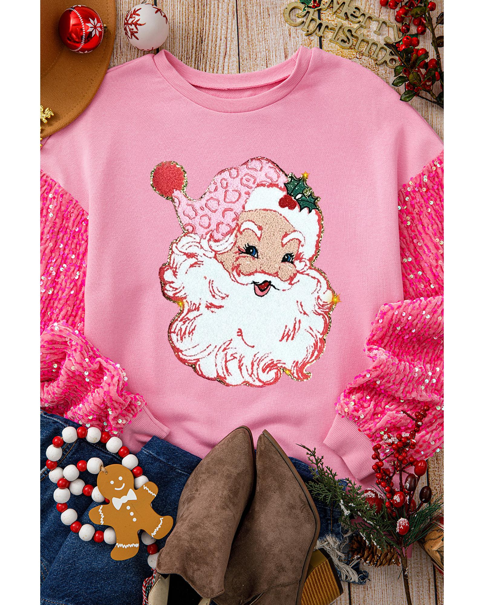 V539-AZEXDC25130202-P10-XL-202508271130-00 Pink Shiny Father Christmas Graphic Sequin Long Sleeve Top - XL - Image 1