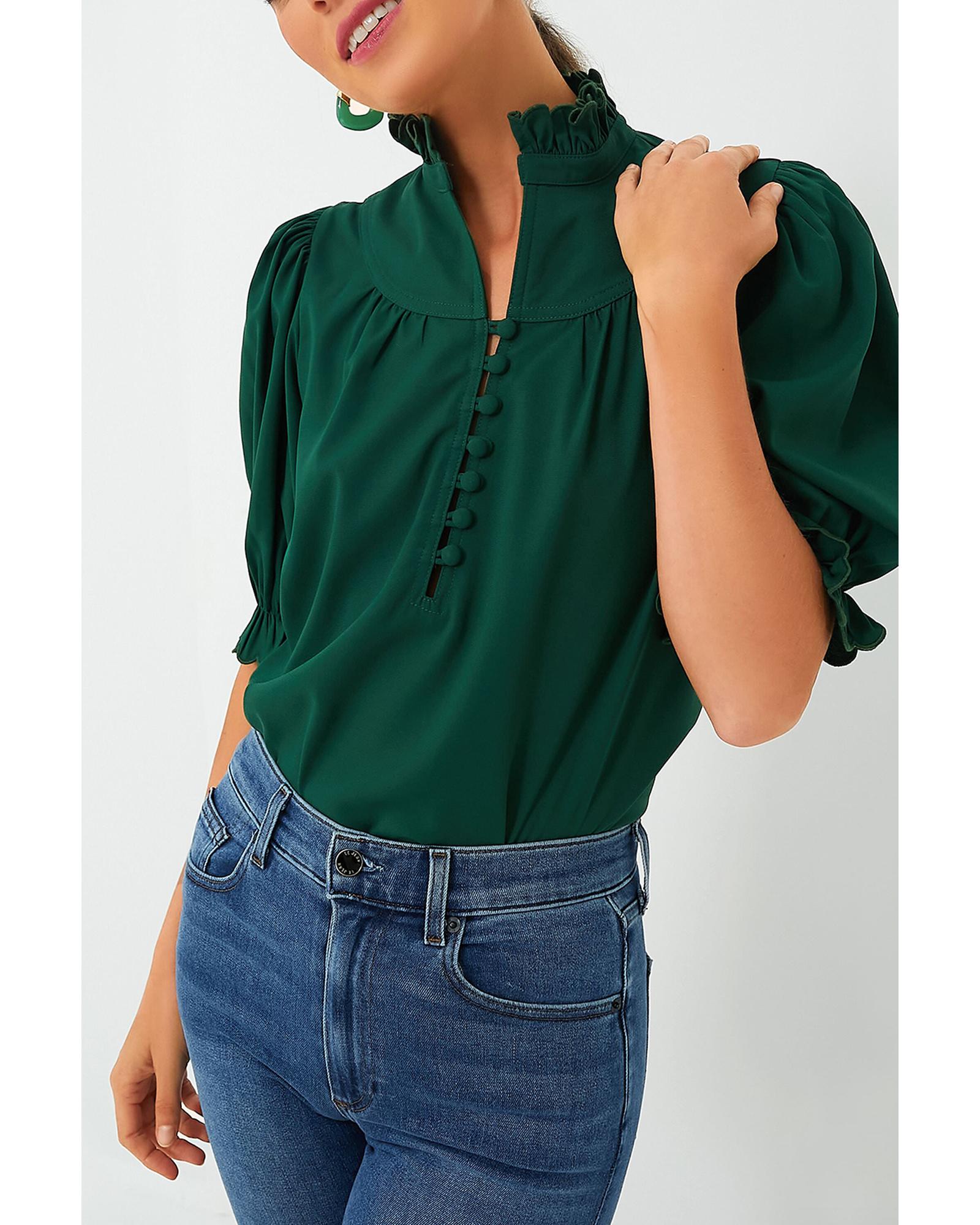 V539-AZEXDC25130270-P309-XL-202508271820-00 Blackish Green Solid Puff Sleeve Frilled Trim Elegant Blouse - XL - Image 1