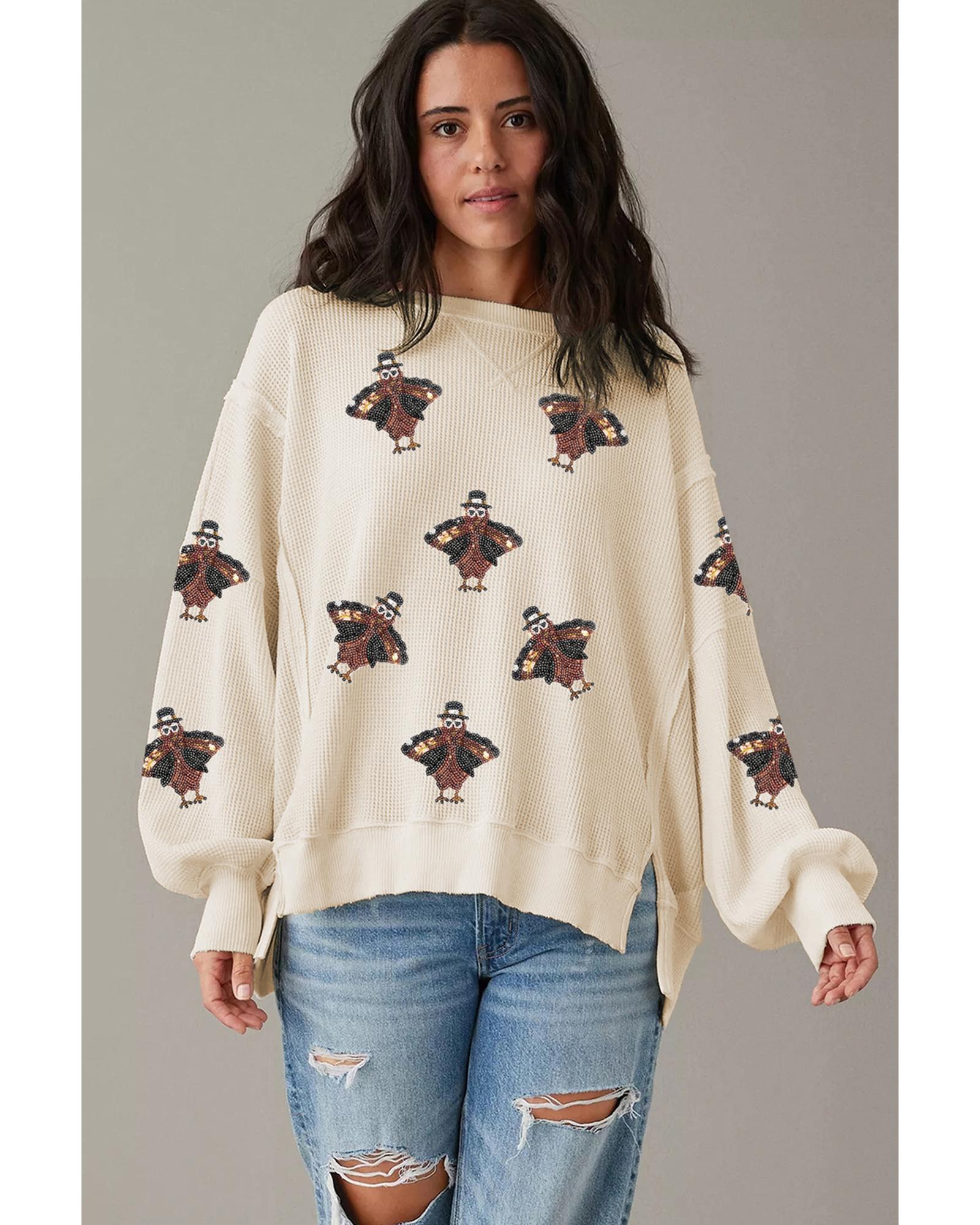 V539-AZEXDC25130282-P1-S-202506121130-00 White Thanksgiving Turkey Waffle Oversized Knit Top - S - Image 1