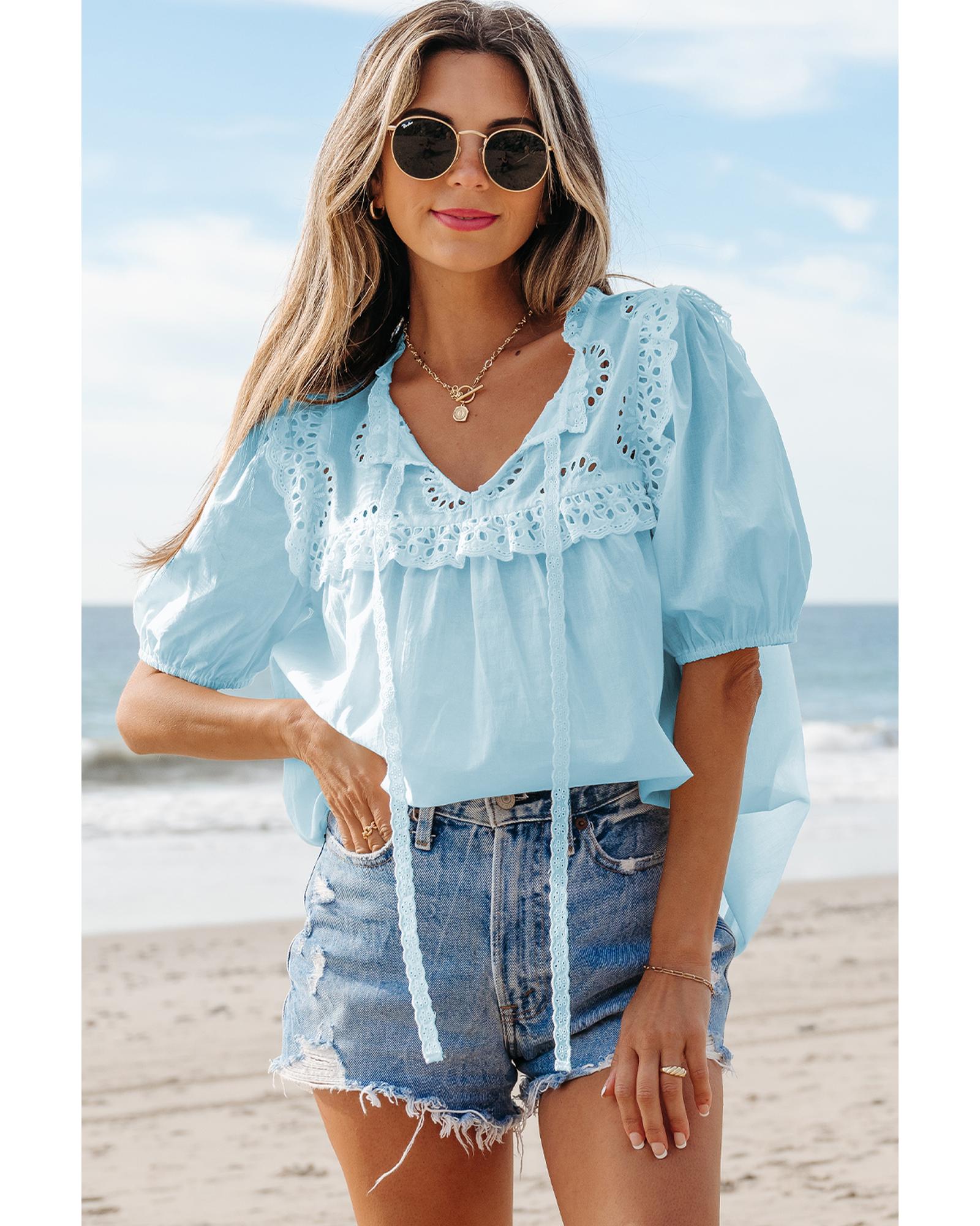 V539-AZEXDC25130292-P204-L-202508270455-00 Mist Blue Embroidered Lace Patchwork Tie Neck Puff Short Sleeve Blouse - L - Image 1
