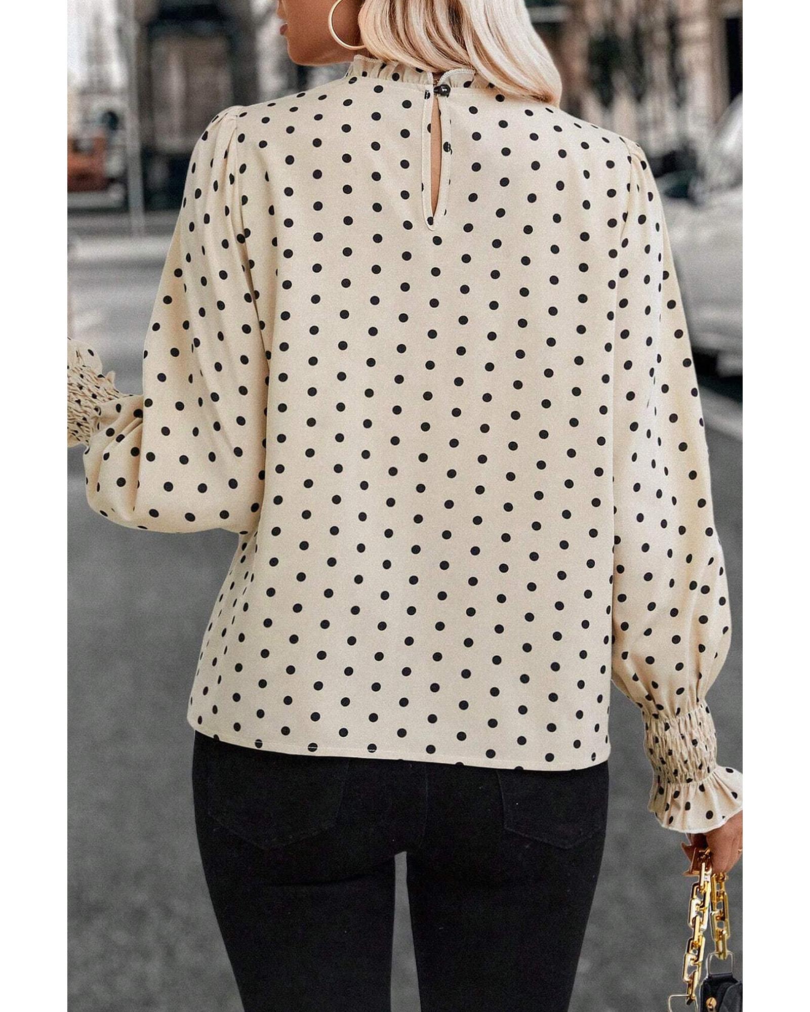 V539-AZEXDC25130296-P1820-XL-202508271305-00 Apricot Polka Dot Print Frilled Collar Lantern Sleeve Blouse - XL - Image 1